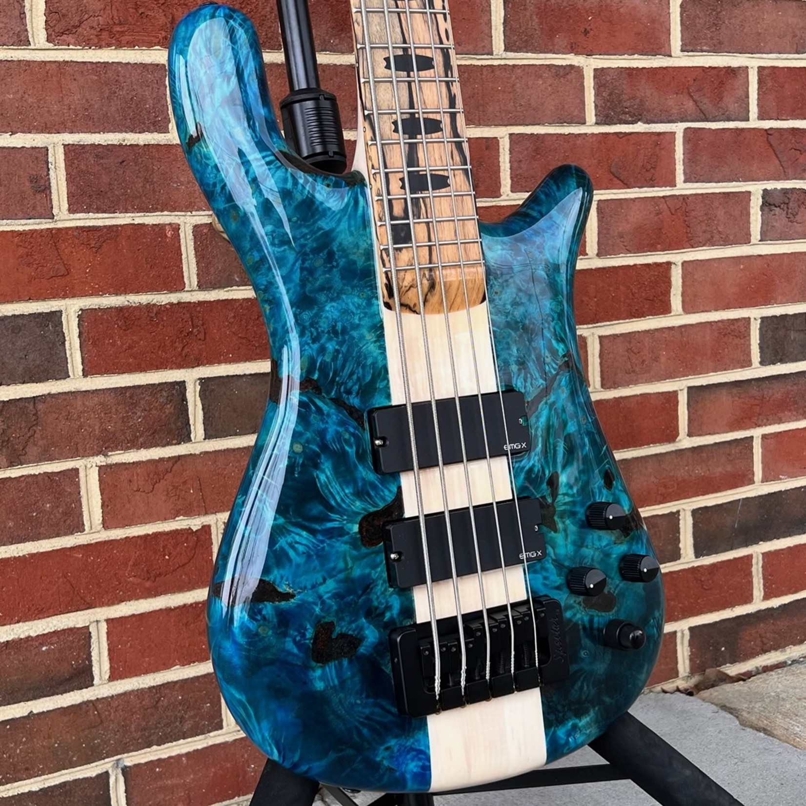 Spector Spector USA NS-5XL, Buckeye Burl Top, Peacock Blue, Reclaimed Redwood Body - Weight Relieved, Pale Moon Ebony Fretboard, Ebony Crown Inlays, Matching Headstock w/ Pale Moon Ebony Logo,  Pale Moon Ebony Truss Rod Cover, TSA Hardshell Case