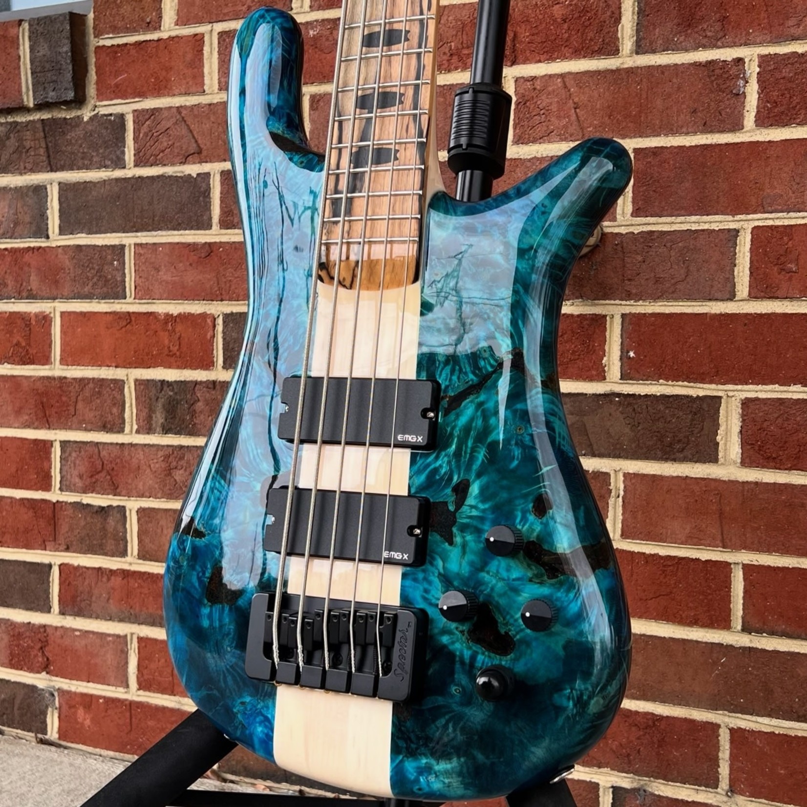Spector Spector USA NS-5XL, Buckeye Burl Top, Peacock Blue, Reclaimed Redwood Body - Weight Relieved, Pale Moon Ebony Fretboard, Ebony Crown Inlays, Matching Headstock w/ Pale Moon Ebony Logo,  Pale Moon Ebony Truss Rod Cover, TSA Hardshell Case