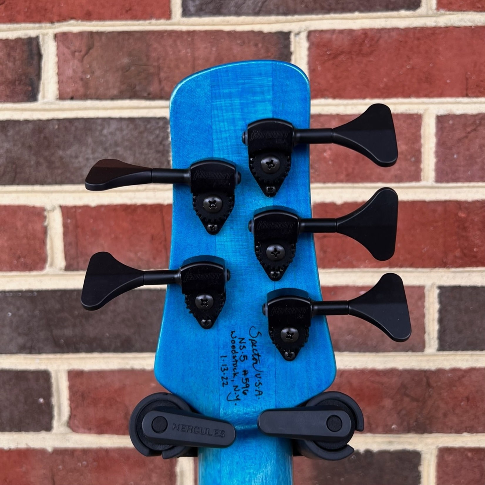 Spector Spector USA NS-5XL, Buckeye Burl Top, Peacock Blue, Reclaimed Redwood Body - Weight Relieved, Pale Moon Ebony Fretboard, Ebony Crown Inlays, Matching Headstock w/ Pale Moon Ebony Logo,  Pale Moon Ebony Truss Rod Cover, TSA Hardshell Case