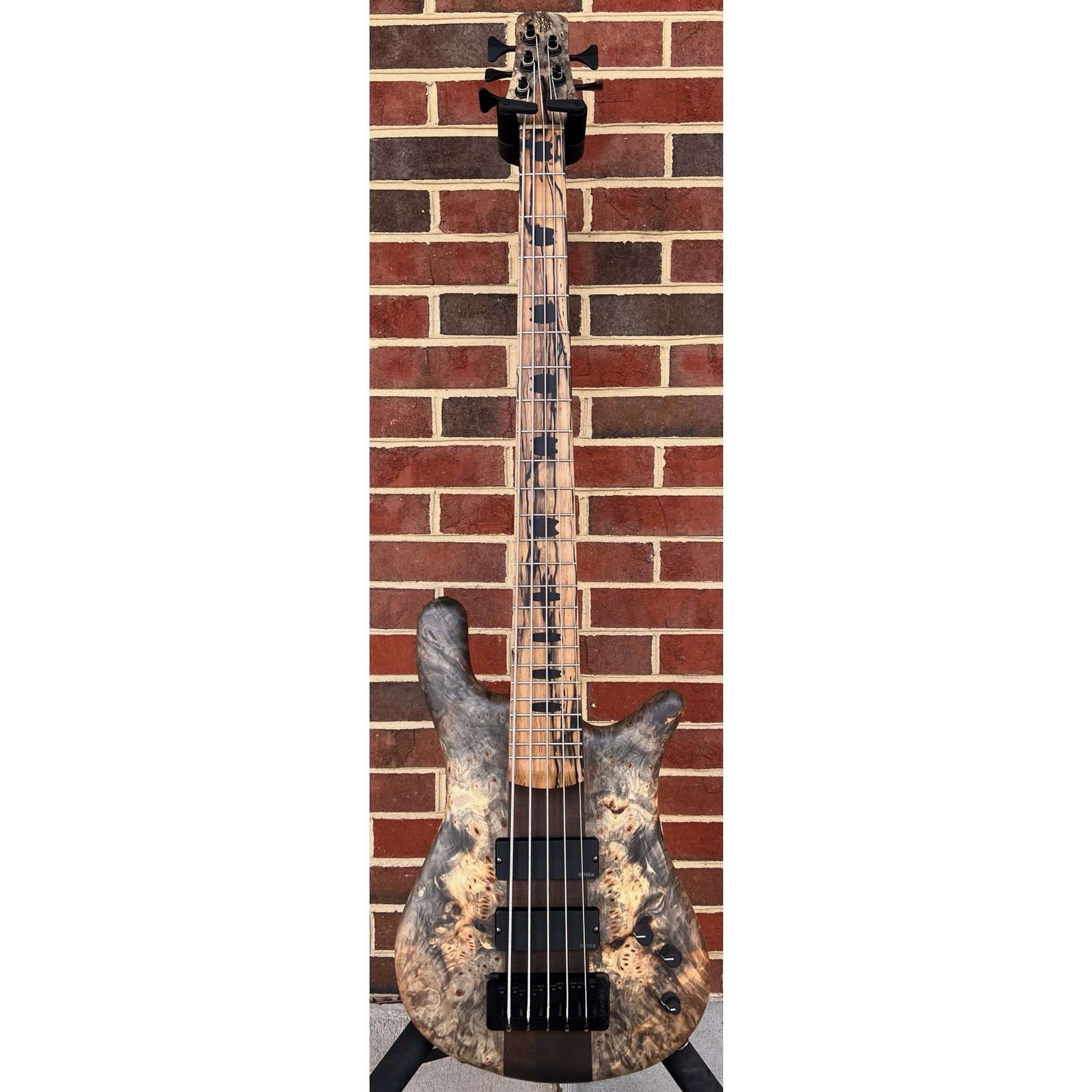 Spector Spector USA NS-5XL, Buckeye Burl Top, Swamp Ash Body, Roasted Maple Neck, Pale Moon Ebony Fretboard, Ebony Wood Crown Inlays, Matching Headstock, Pale Moon Ebony Logo & Truss Rod Cover, Wide String Spacing, HAZ 18v Preamp, Satin, TSA Case