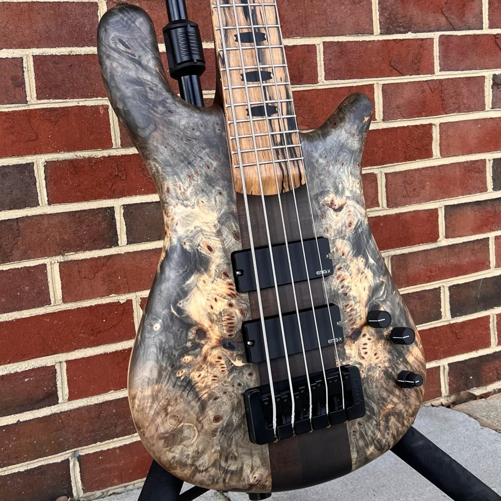 Spector Spector USA NS-5XL, Buckeye Burl Top, Swamp Ash Body, Roasted Maple Neck, Pale Moon Ebony Fretboard, Ebony Wood Crown Inlays, Matching Headstock, Pale Moon Ebony Logo & Truss Rod Cover, Wide String Spacing, HAZ 18v Preamp, Satin, TSA Case