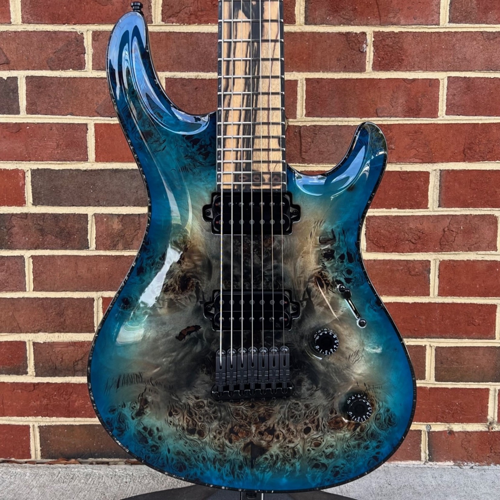 Mayones Mayones Regius Core 7 Baritone, 27" Scale Length, Supernova Blue Gloss, 4A Eye Poplar Top, 4A Pale Moon Ebony Fretboard, Black Limba Body, 11-ply Neck Thru, Bare Knuckle TKO Pickups, Schaller Hannes Bridge, Hardshell Case