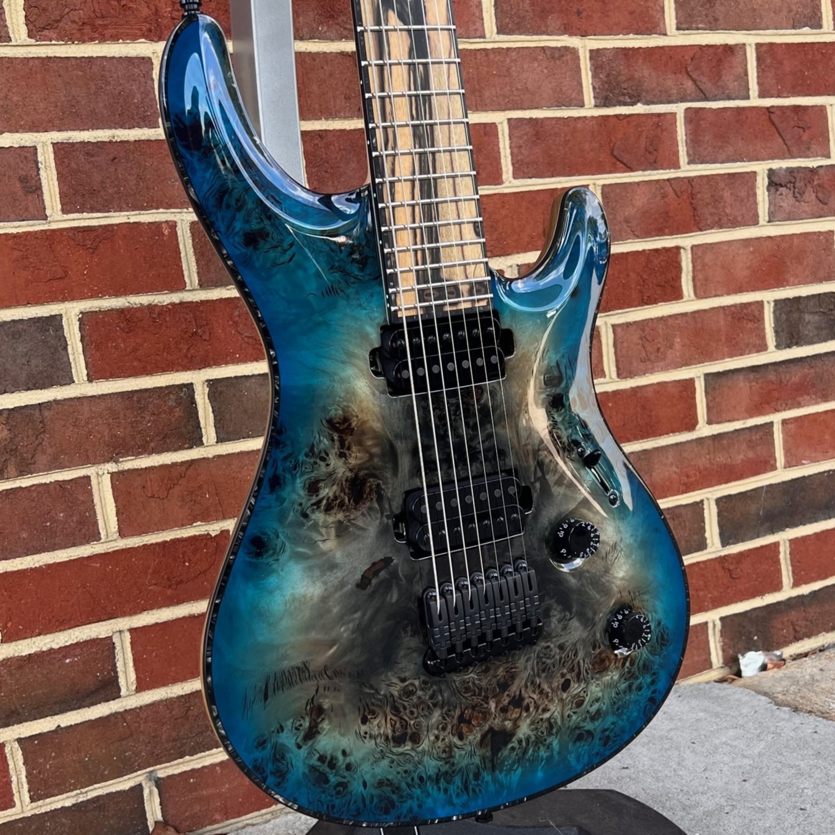 Mayones Mayones Regius Core 7 Baritone, 27" Scale Length, Supernova Blue Gloss, 4A Eye Poplar Top, 4A Pale Moon Ebony Fretboard, Black Limba Body, 11-ply Neck Thru, Bare Knuckle TKO Pickups, Schaller Hannes Bridge, Hardshell Case