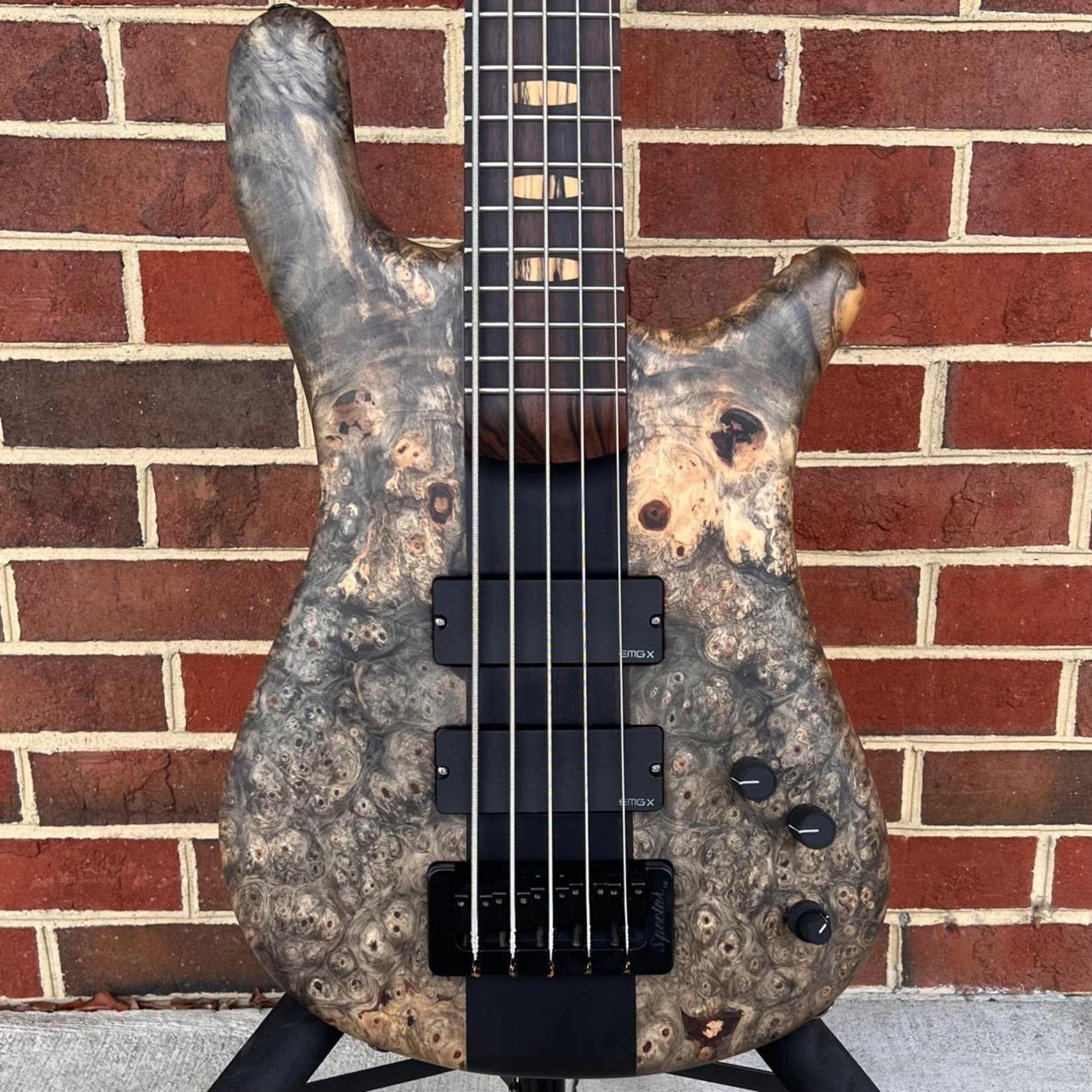 Spector Spector USA NS-5XL, Buckeye Burl Top, Chambered Reclaimed Redwood Body, Macassar Ebony Fretboard, Pale Moon Ebony Inlays, Charcoal Stained Neck Block, Luminlay Side Dots, Matte Finish, Dunlop Flush Mount Strap Locks, HazLab 18v, TSA Case