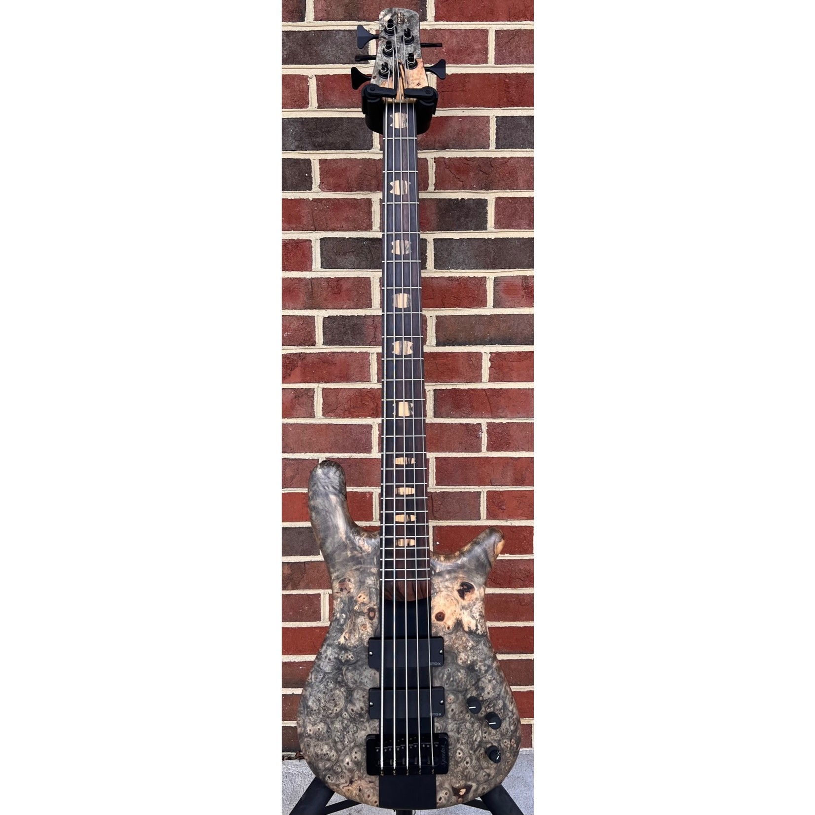 Spector Spector USA NS-5XL, Buckeye Burl Top, Chambered Reclaimed Redwood Body, Macassar Ebony Fretboard, Pale Moon Ebony Inlays, Charcoal Stained Neck Block, Luminlay Side Dots, Matte Finish, Dunlop Flush Mount Strap Locks, HazLab 18v, TSA Case