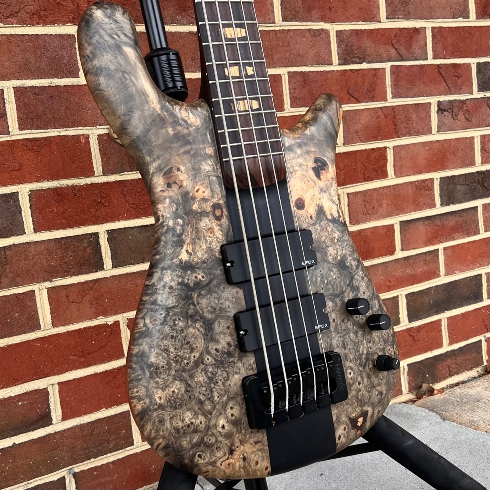 Spector Spector USA NS-5XL, Buckeye Burl Top, Chambered Reclaimed Redwood Body, Macassar Ebony Fretboard, Pale Moon Ebony Inlays, Charcoal Stained Neck Block, Luminlay Side Dots, Matte Finish, Dunlop Flush Mount Strap Locks, HazLab 18v, TSA Case