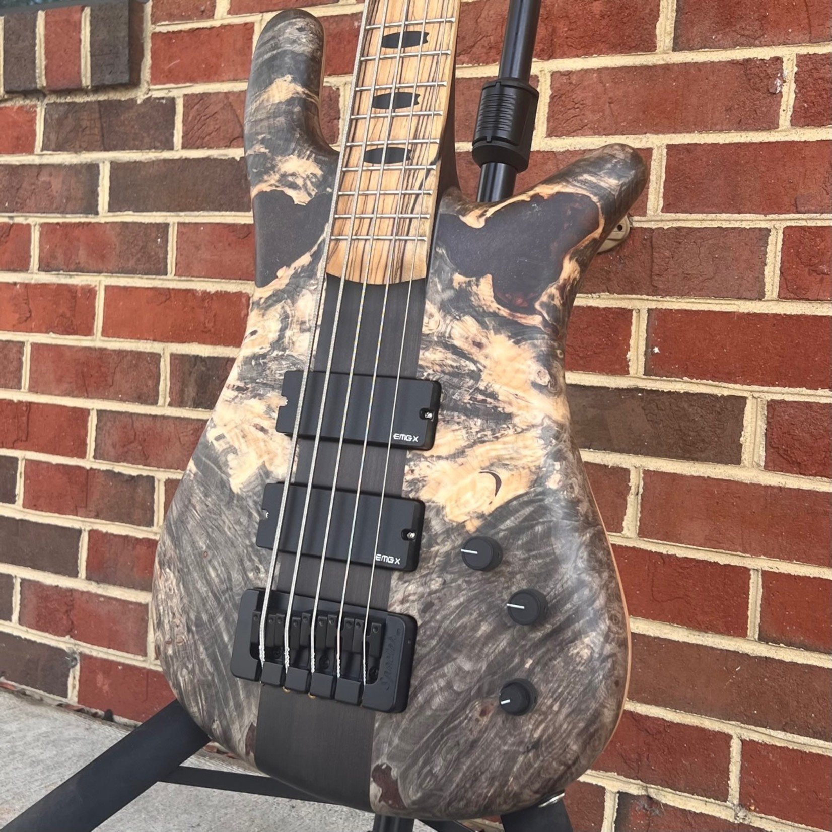 Spector Spector USA NS-5XL, Buckeye Burl Top, Swamp Ash Body - Weight Relieved, Roasted Maple Neck with Charcoal Stain, Pale Moon Ebony Fretboard, Matching Headstock, Pale Moon Ebony Logo and Truss Rod Cover, EMG 40DCX, Spector HAZ 18-volt, TSA Case