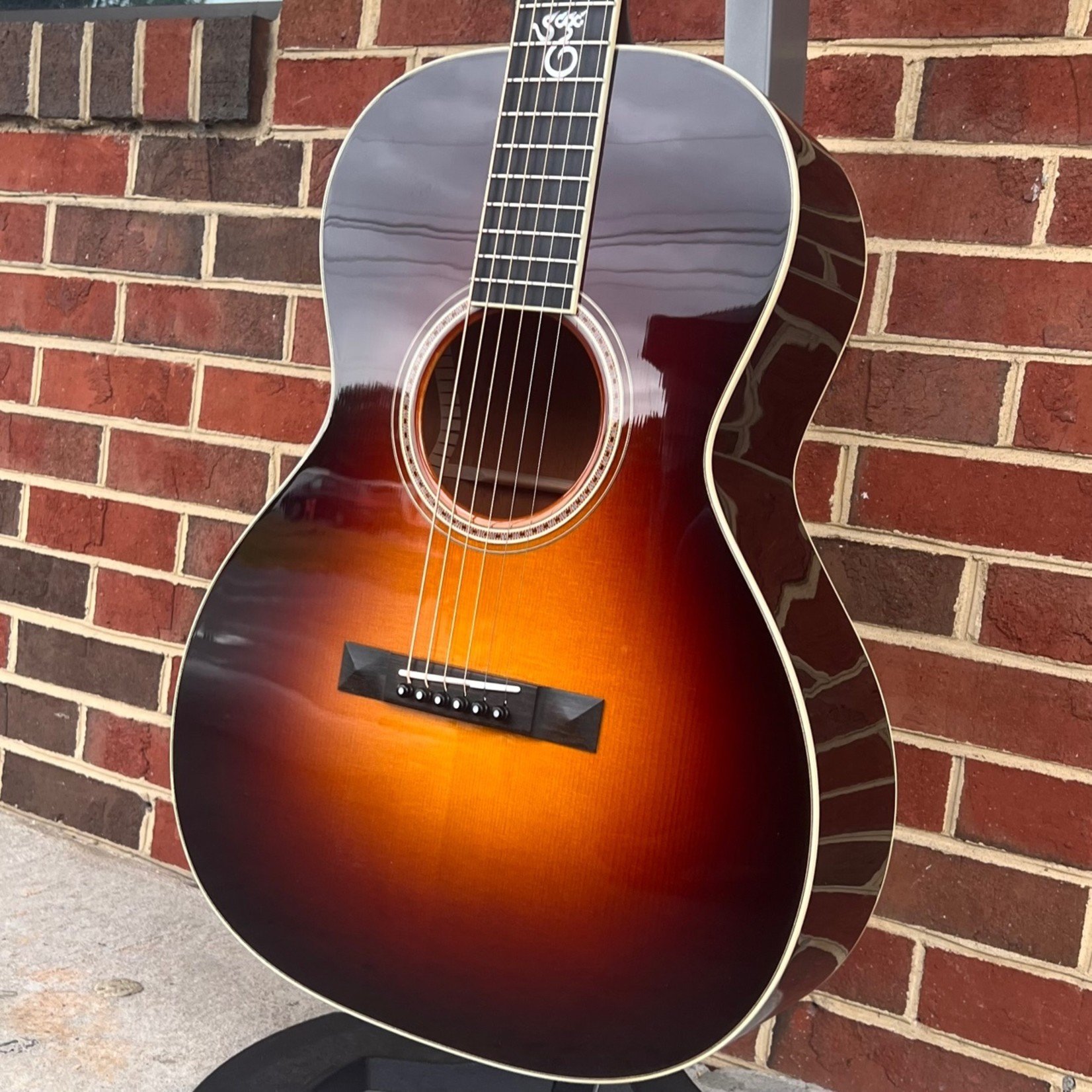 Santa Cruz Custom H/13 for Tyler Badgett, Adirondack Spruce Top, Mahogany  Back and Sides, Adirondack Bracing w/ Hot Hide Glue, Flag of Nations Back  Strip and Rosette, S29 Purfling, SCGC Logo @