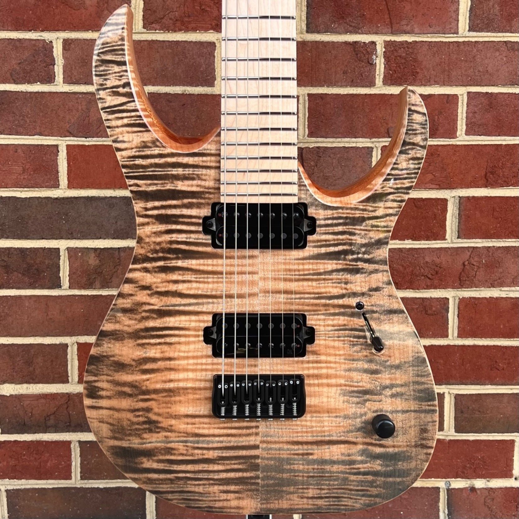 Mayones Mayones Duvell Elite 7-String, Black Feather Gloss, 4A Flame Maple Top, Mahogany Body, Maple Fretboard, Hipshot Locking Tuners and Bridge, Mayones Hybrid Case