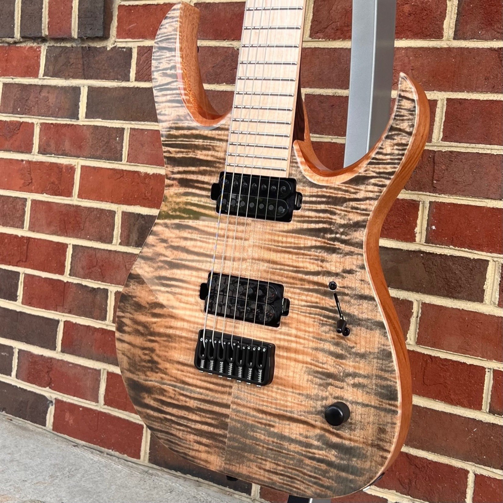 Mayones Mayones Duvell Elite 7-String, Black Feather Gloss, 4A Flame Maple Top, Mahogany Body, Maple Fretboard, Hipshot Locking Tuners and Bridge, Mayones Hybrid Case