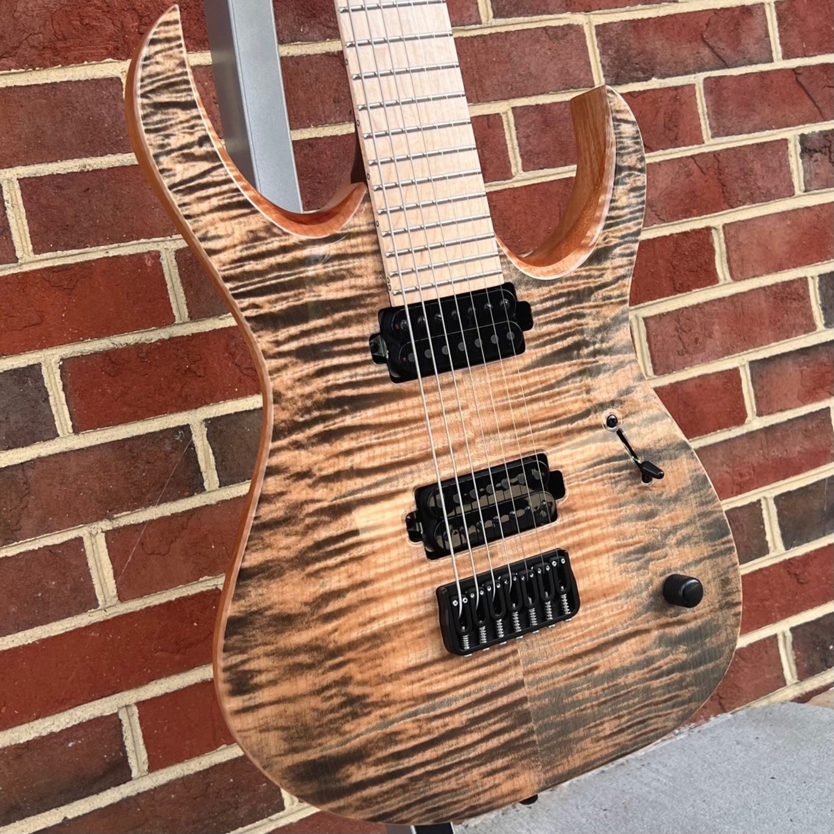 Mayones Mayones Duvell Elite 7-String, Black Feather Gloss, 4A Flame Maple Top, Mahogany Body, Maple Fretboard, Hipshot Locking Tuners and Bridge, Mayones Hybrid Case