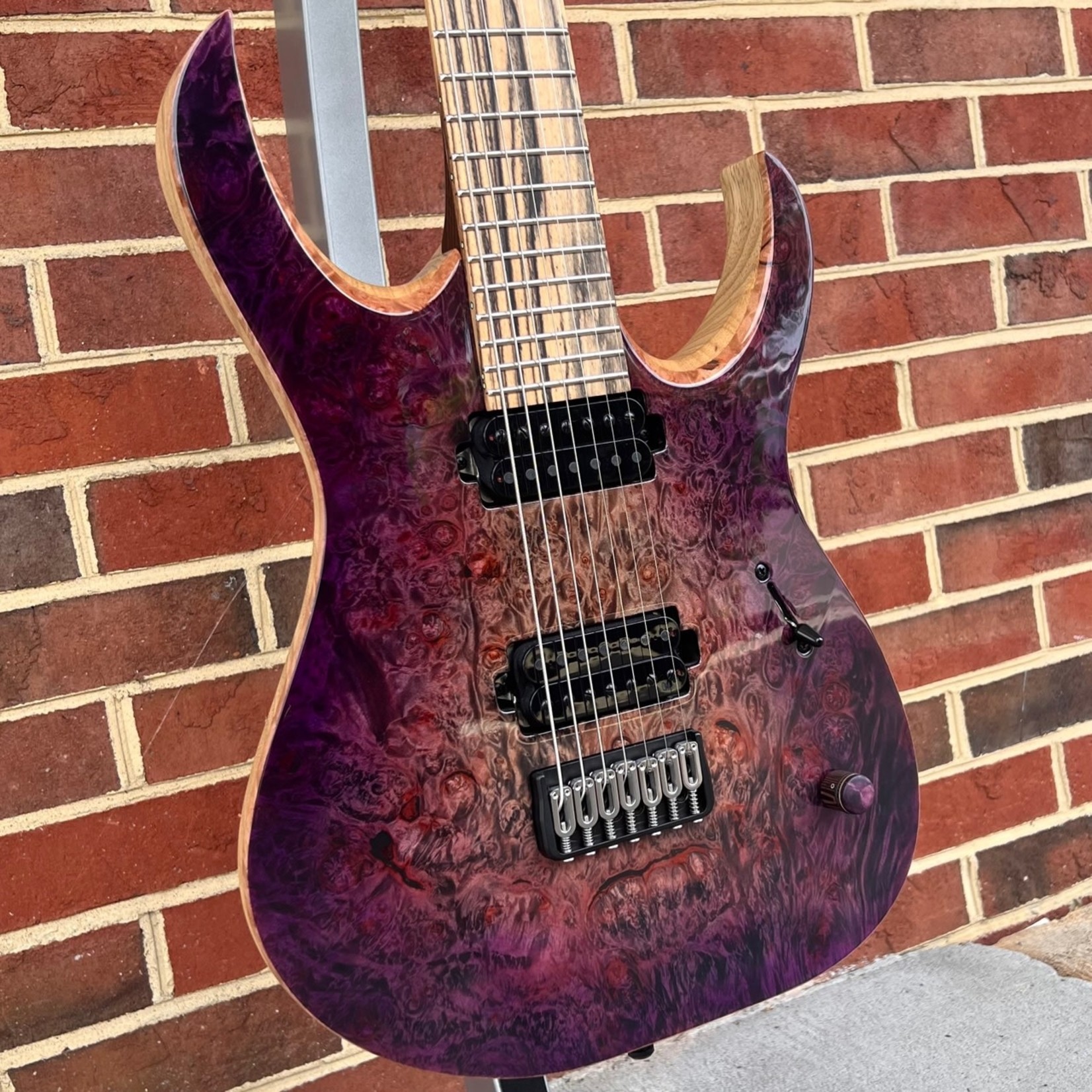 Mayones Mayones 40th Anniversary Duvell Elite 7-String, 1pc Master Grade Maple Burl Top, Purple to Natural Burst Gloss, Pale Moon Ebony Fretboard, Pale Moon Ebony Tuner Knobs, Hipshot Locking Tuners and Bridge, Mayones Hybrid Case