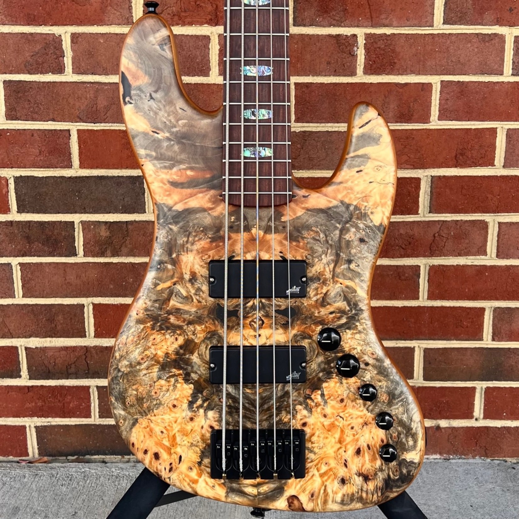 Spector Spector USA Coda5 DLX XL, 35" Scale Length, Buckeye Burl Top, Swamp Ash Body, Roasted Maple Neck, Pau Ferro Fretboard, Abalone Crown Inlays, Aguilar DCB-G4 Pickups, Aguilar OBP-3 Preamp, Black Hardware, Spector Protec Deluxe Gig Bag
