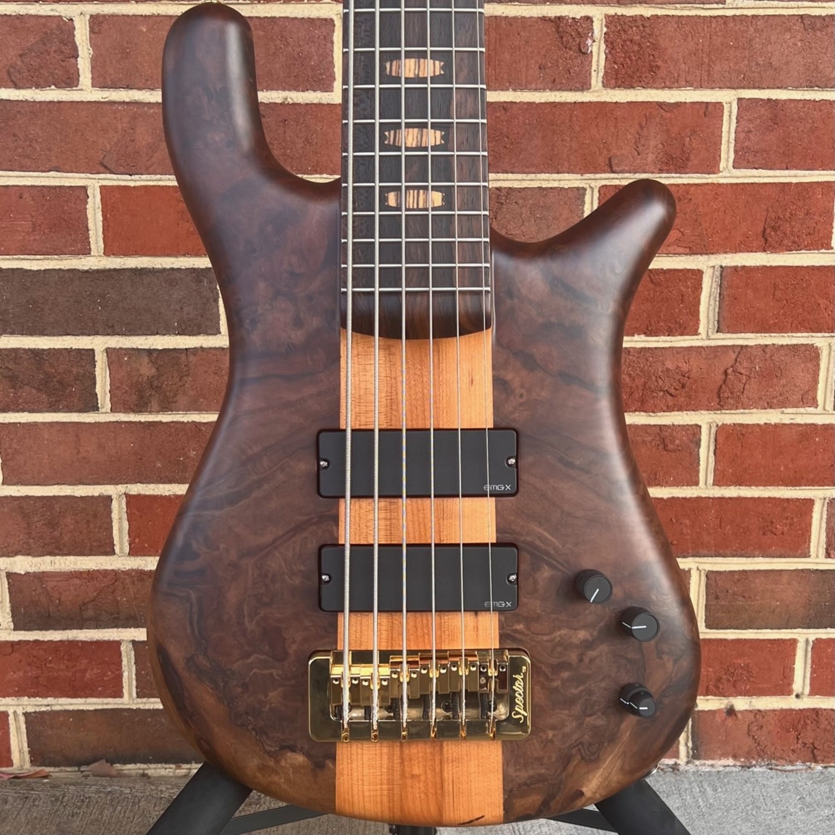 Spector Spector USA NS-6, Walnut Burl Top, Swamp Ash Body - Weight Relieved, Roasted Maple Neck, Ziricote Fretboard, Pale Moon Ebony Inlays, EMG 45DCX Pickups, HAZ 18v Preamp, Gold Hardware, Deluxe Protec Gig Bag