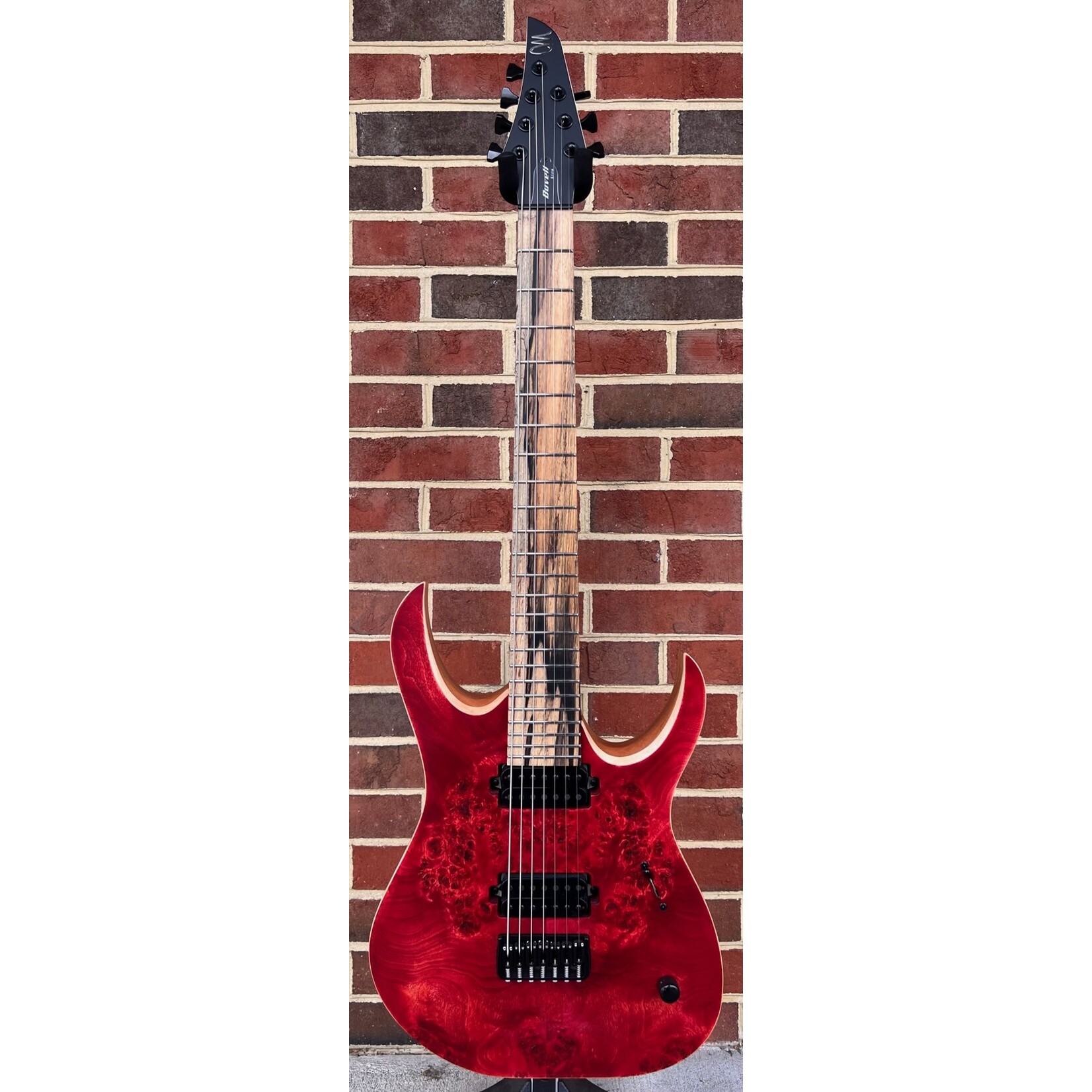 Mayones Mayones Duvell Elite 7, Antique Red Velvet RAW, 3A Eye Poplar Top, Mahogany Body, Pale Moon Ebony Fretboard, Bareknuckle TKO Pickups, Mayones Hybrid Case