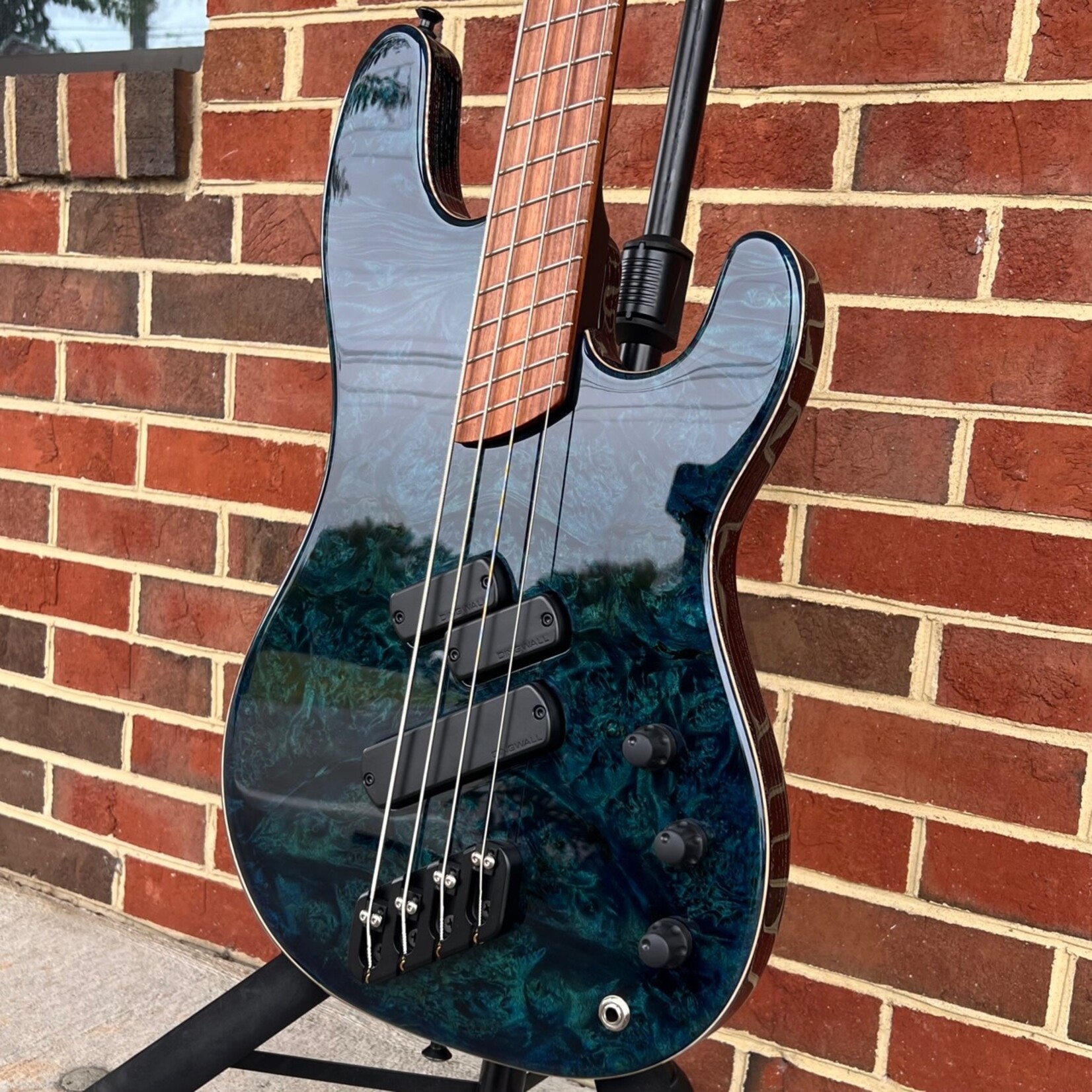 Dingwall Dingwall Custom Super PJ 4-String, Custom Color - Deep Ocean, Maple Burl X-Top, Maple Contrast Layer, Swamp Ash Body - Black Ceruse w/ White Grain Fill, Maple Blacked Out Neck, Pau Ferro Fretboard, Super Fatty II Pickups, Dingwall Deluxe Gig Bag