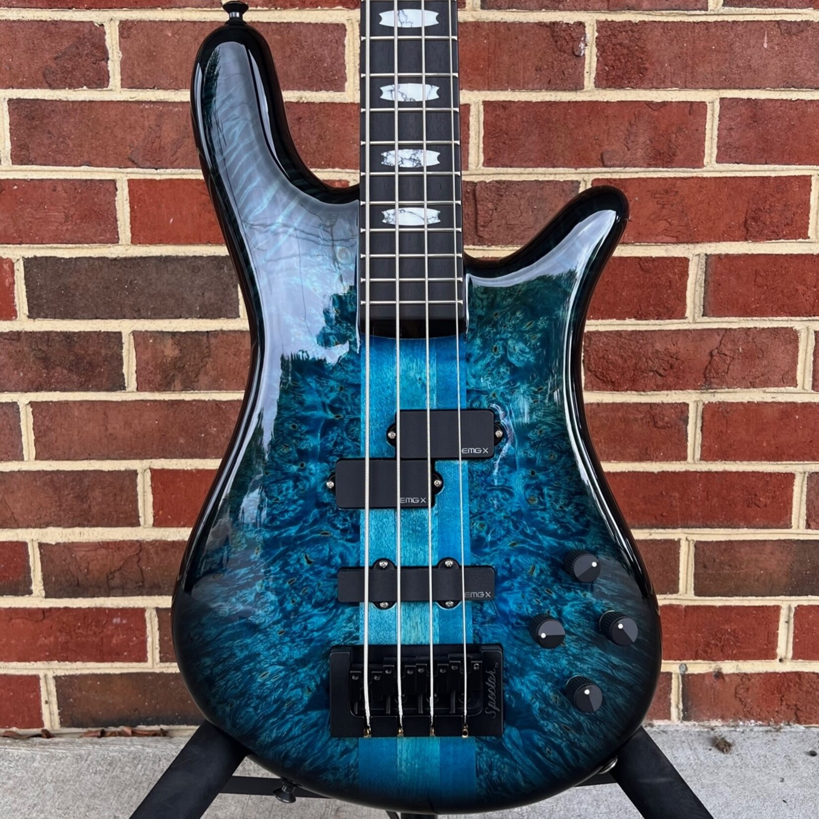 Spector Spector USA NS-2, Inferno Blue, Maple Burl Top, Reclaimed Redwood Body, Ebony Fretboard, White Constituted Stone Crown Inlays, EMG PX/SJX Set, HAZ 9-volt Preamp, Hardshell Case (USED)