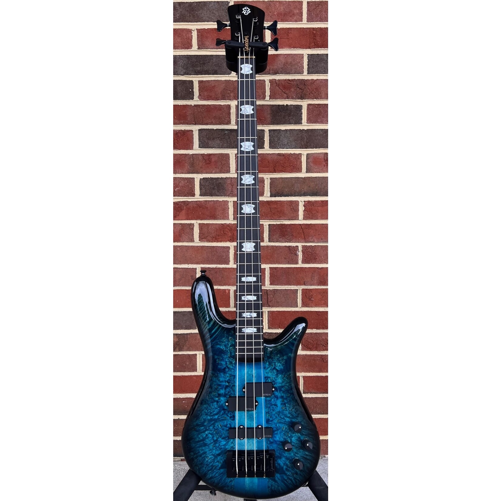 Spector Spector USA NS-2, Inferno Blue, Maple Burl Top, Reclaimed Redwood Body, Ebony Fretboard, White Constituted Stone Crown Inlays, EMG PX/SJX Set, HAZ 9-volt Preamp, Hardshell Case (USED)