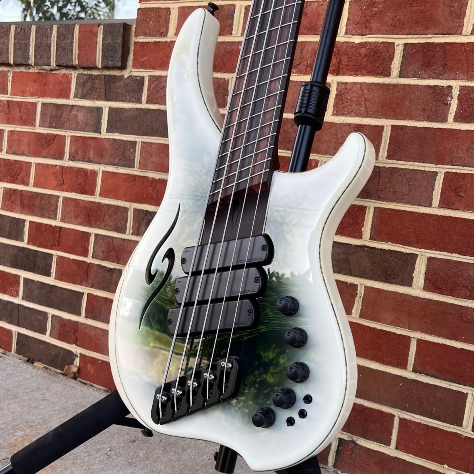 Dingwall Dingwall Custom ABII 5-String, Green to White Reverseburst, Maple Burl X-Top, Chambered Walnut Body, Flamed Maple Contrast Layer, Roasted Ash Neck, Macassar Ebony Fretboard, Hipshot Extender Key, Dingwall Gig Bag