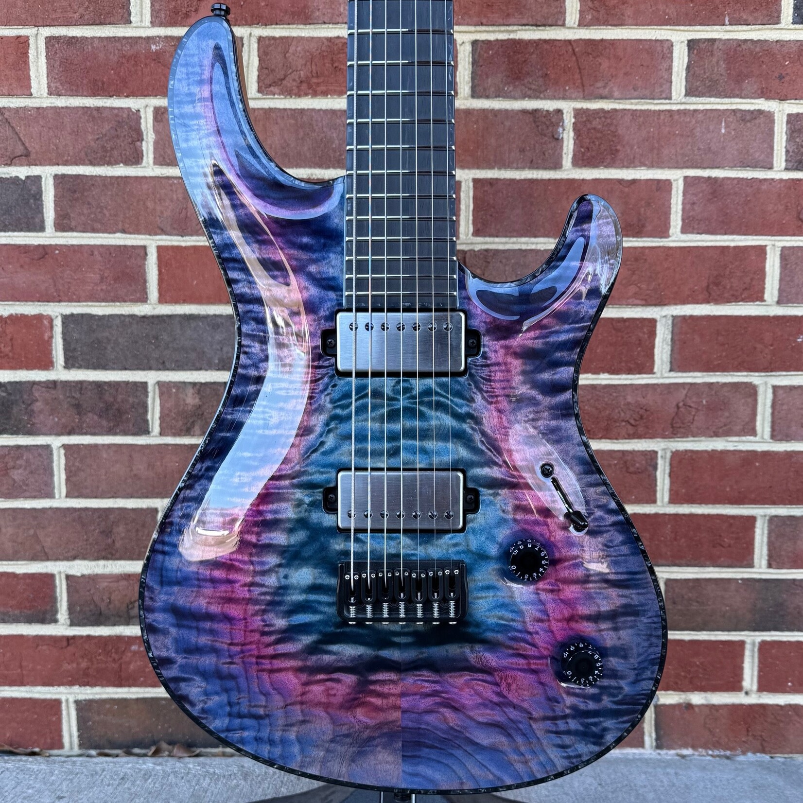 Mayones Mayones Regius Core 7 B26.5, NAMM 2025, Custom Color, 5A Quilted Maple Top, American Ash TEW Body, Baritone 26.5" Scale, 11pc Maple TEW/Wenge/Maple Neck, Velvetrone Ironside + Solium Pickups, Mayones Hybrid Case