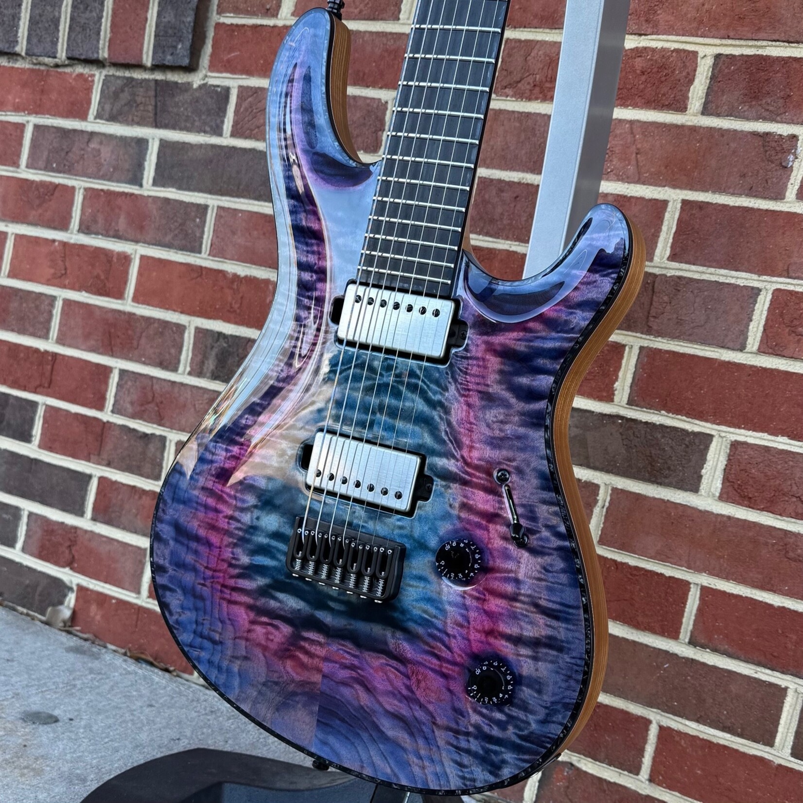 Mayones Mayones Regius Core 7 B26.5, NAMM 2025, Custom Color, 5A Quilted Maple Top, American Ash TEW Body, Baritone 26.5" Scale, 11pc Maple TEW/Wenge/Maple Neck, Velvetrone Ironside + Solium Pickups, Mayones Hybrid Case