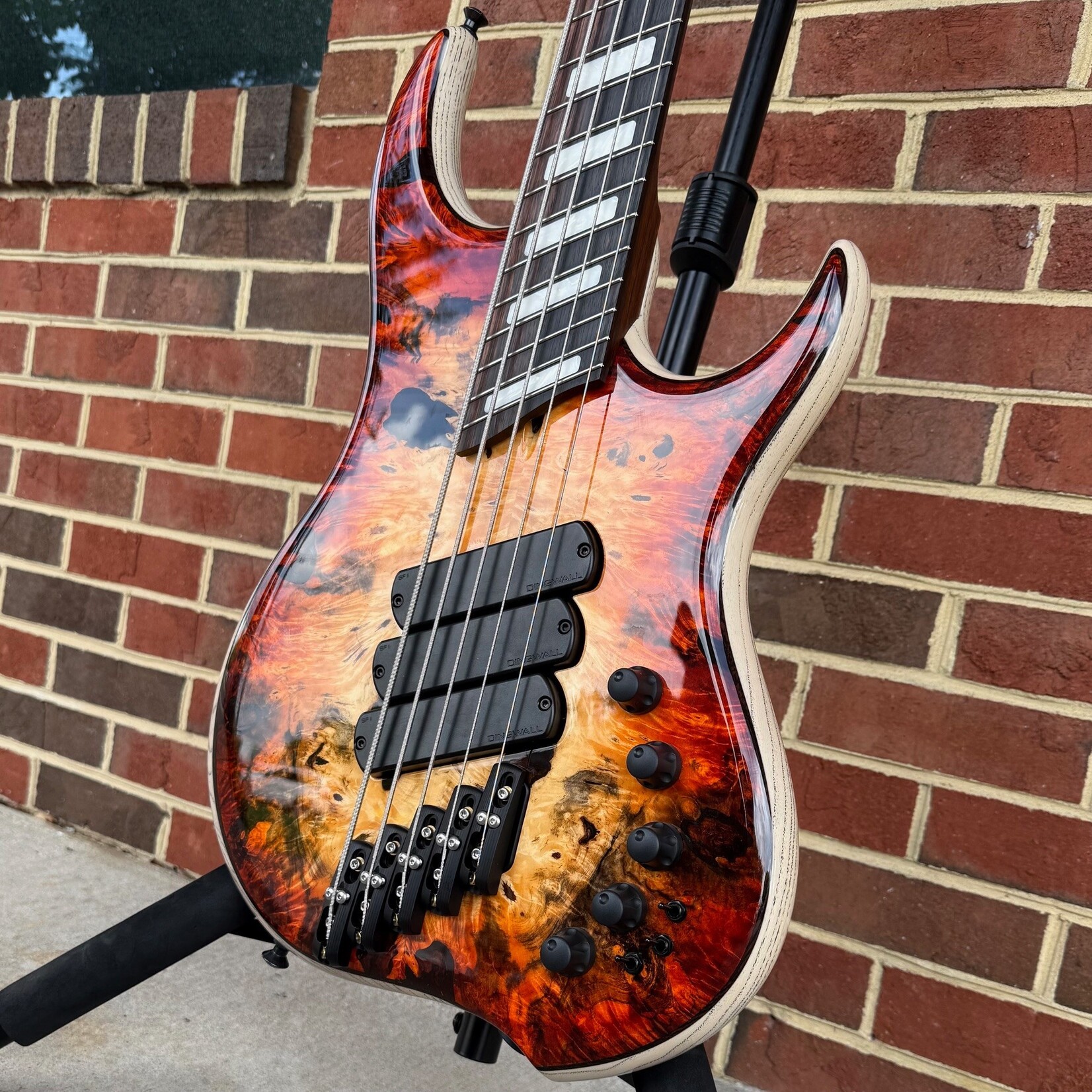 Dingwall Dingwall Z3 Custom 5-String, Explosion Burst, Buckeye Burl Top, Wenge Contrast Layer, Swamp Ash Body - Trans White Ceruse with Black Grain Fill, Roasted Ash Neck, Ebony Fretboard, White Pearloid Block Inlays, Neve Preamp w/ Toggles, Dingwall Deluxe Bag