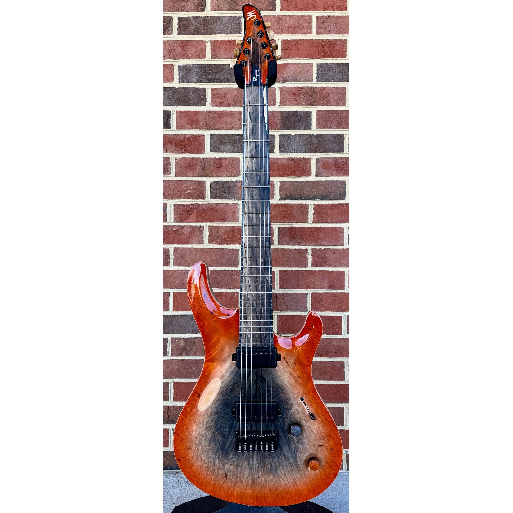Mayones Mayones Regius Core 7 B27, Supernova Orange, 4A Burl Maple Top, Black Limba Body, 4A Pale Moon Ebony Fretboard, Matching Wood Knobs, Velvetrone Pickups, Mayones Deluxe Hybrid Case