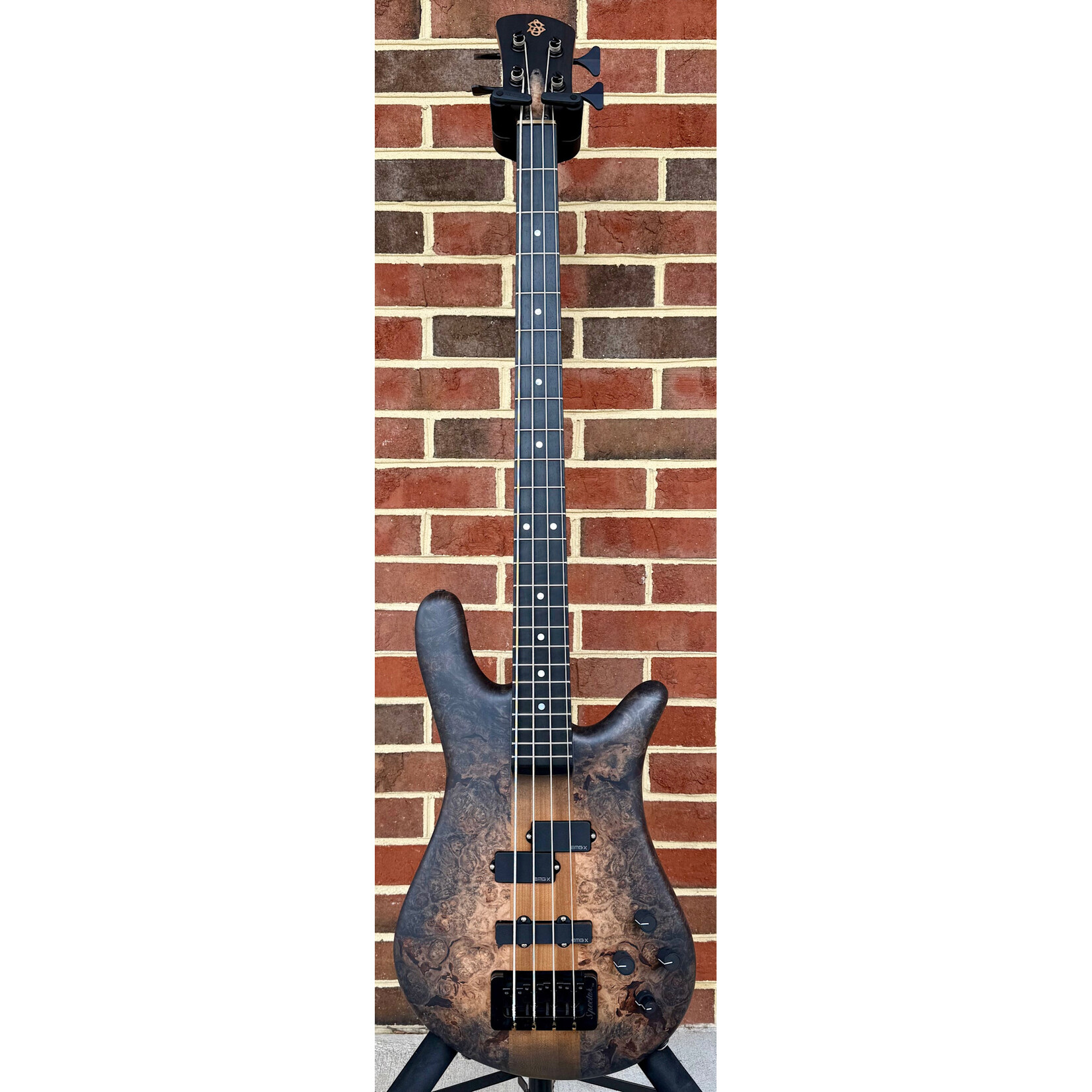 Spector Spector USA NS-2, Natural Blackburst, Maple Burl Top, Mahogany Body, Ebony Fretboard, Mother of Pearl Dot Inlays, EMG PX/JX Pickups, HAZ 18-volt Preamp, TSA Case