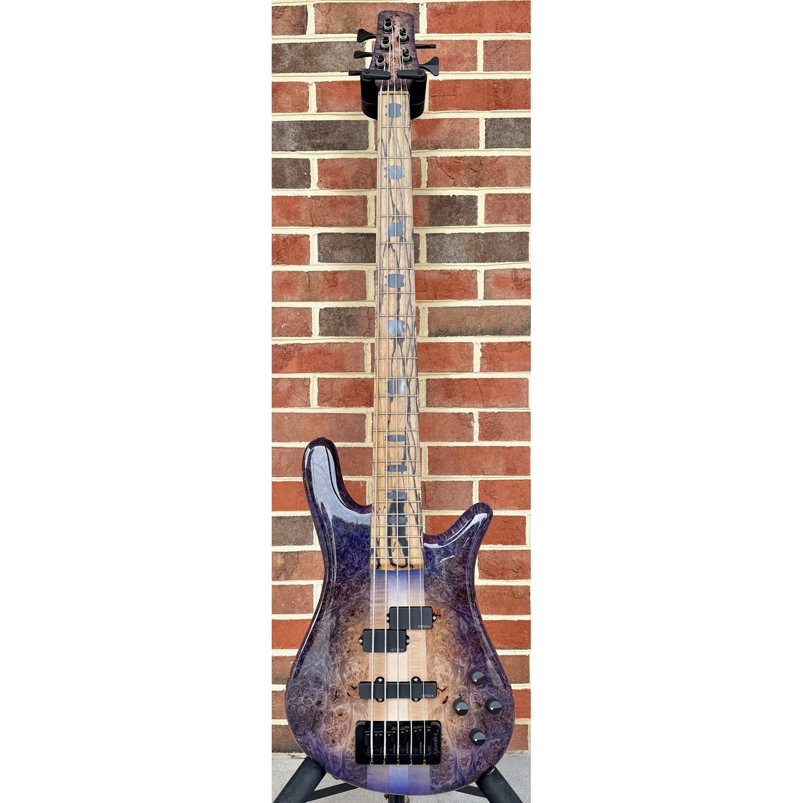 Spector Spector USA NS-5XL, Natural to Purple Burst, Maple Burl Top, Swamp Ash Body, 3pc Maple Neck, Pale Moon Ebony Fretboard, Black Mother of Pearl Crown Inlays, EMG P5X/SJ5X Pickups, HAZ 9-Volt, TSA Case