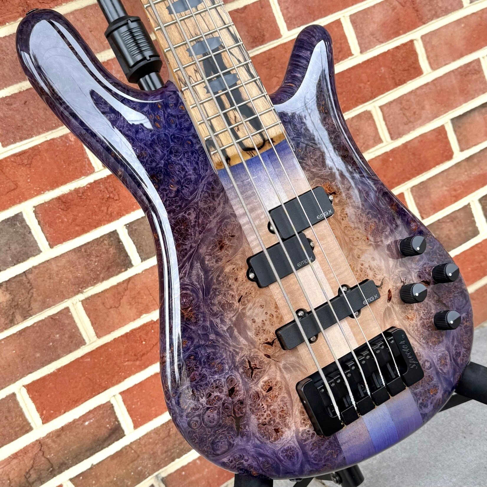 Spector Spector USA NS-5XL, Natural to Purple Burst, Maple Burl Top, Swamp Ash Body, 3pc Maple Neck, Pale Moon Ebony Fretboard, Black Mother of Pearl Crown Inlays, EMG P5X/SJ5X Pickups, HAZ 9-Volt, TSA Case
