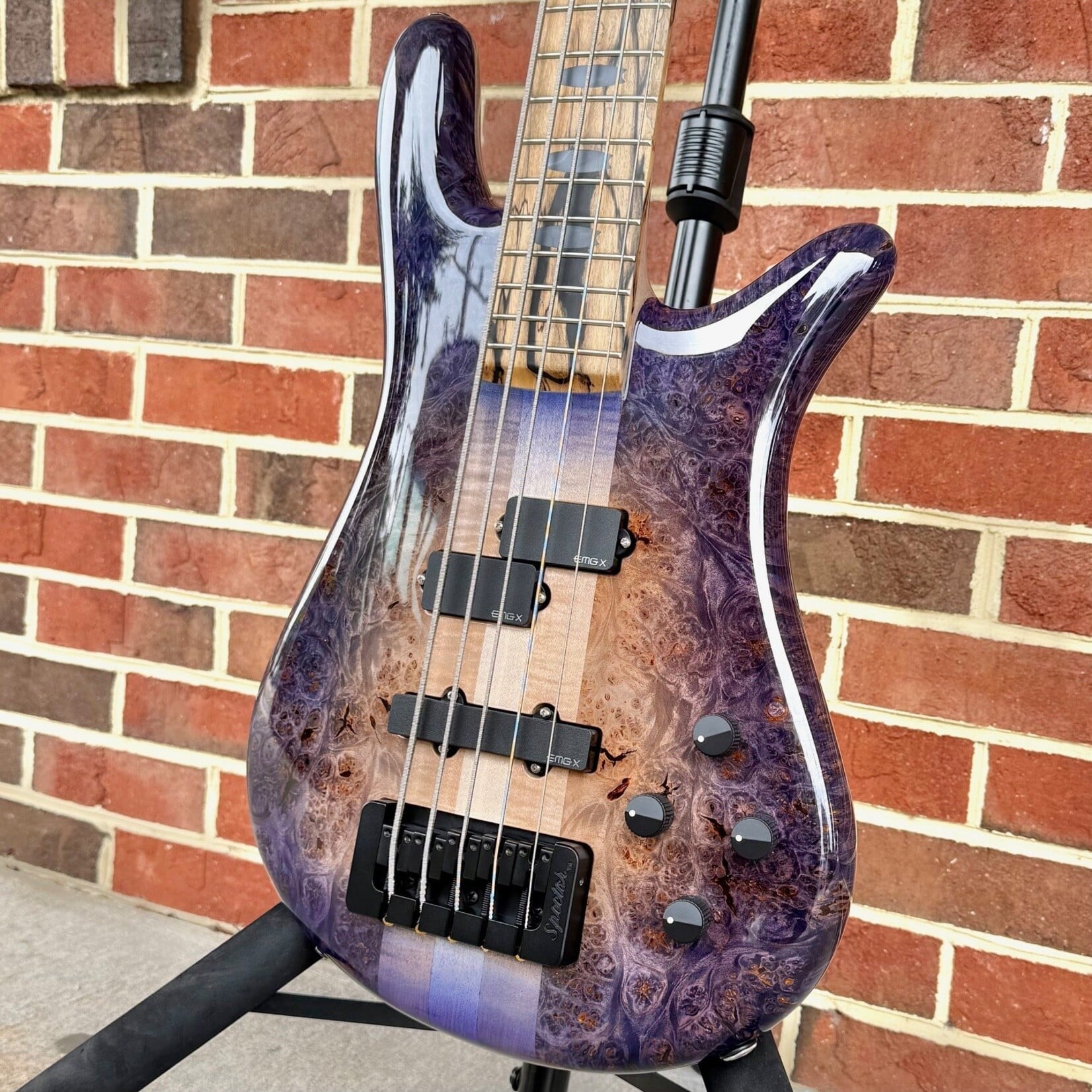 Spector Spector USA NS-5XL, Natural to Purple Burst, Maple Burl Top, Swamp Ash Body, 3pc Maple Neck, Pale Moon Ebony Fretboard, Black Mother of Pearl Crown Inlays, EMG P5X/SJ5X Pickups, HAZ 9-Volt, TSA Case