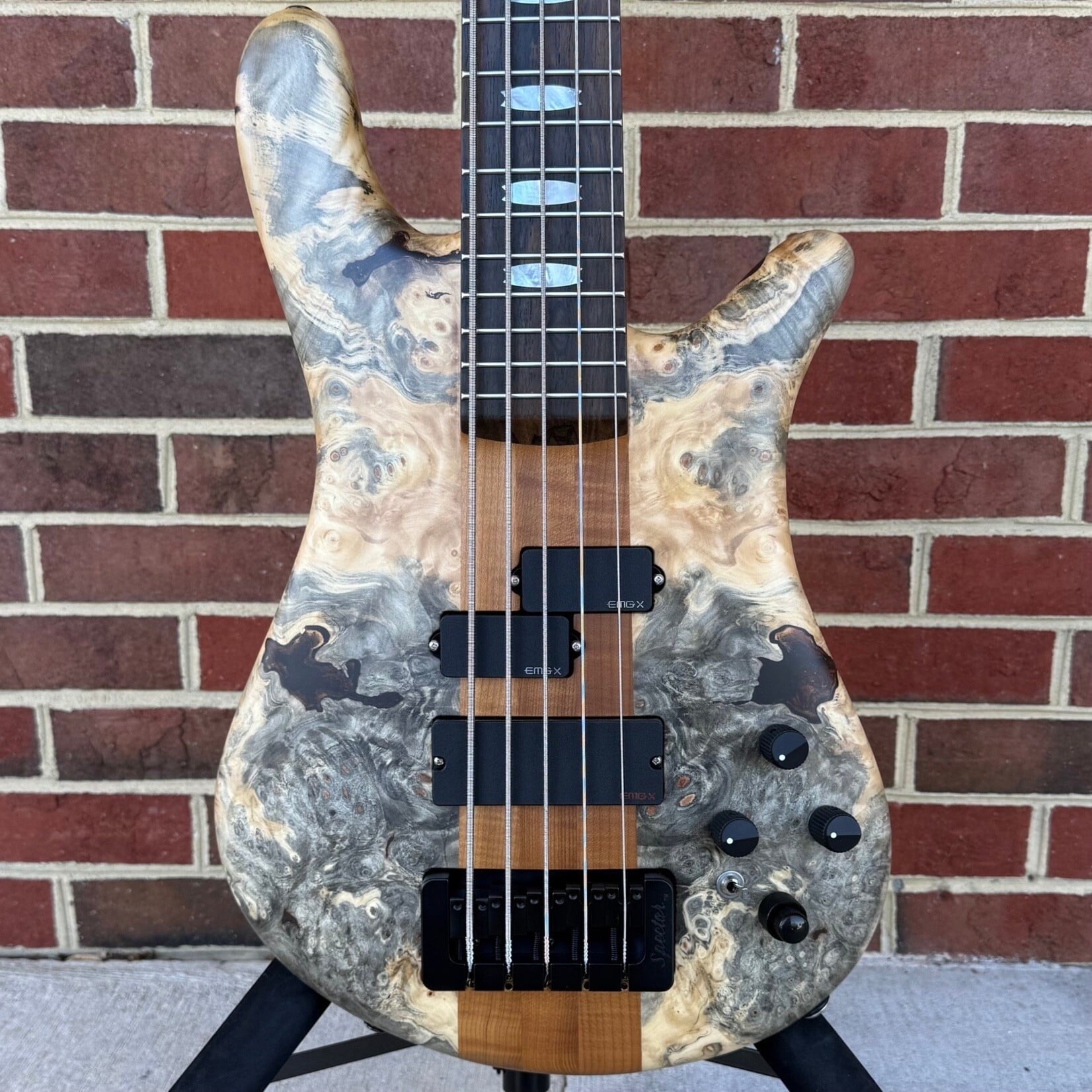 Spector Spector USA NS-5XL, Buckeye Burl Top, Swamp Ash Body, 3pc Roasted Maple Neck, Ziricote Fretboard, Mother of Pearl Crown Inlays, EMG P5X/40TWX Pickups, HAZ 9-Volt, Custom Electronics Layout, TSA Case