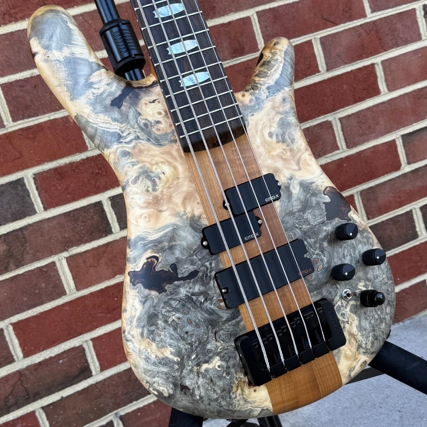 Spector Spector USA NS-5XL, Buckeye Burl Top, Swamp Ash Body, 3pc Roasted Maple Neck, Ziricote Fretboard, Mother of Pearl Crown Inlays, EMG P5X/40TWX Pickups, HAZ 9-Volt, Custom Electronics Layout, TSA Case