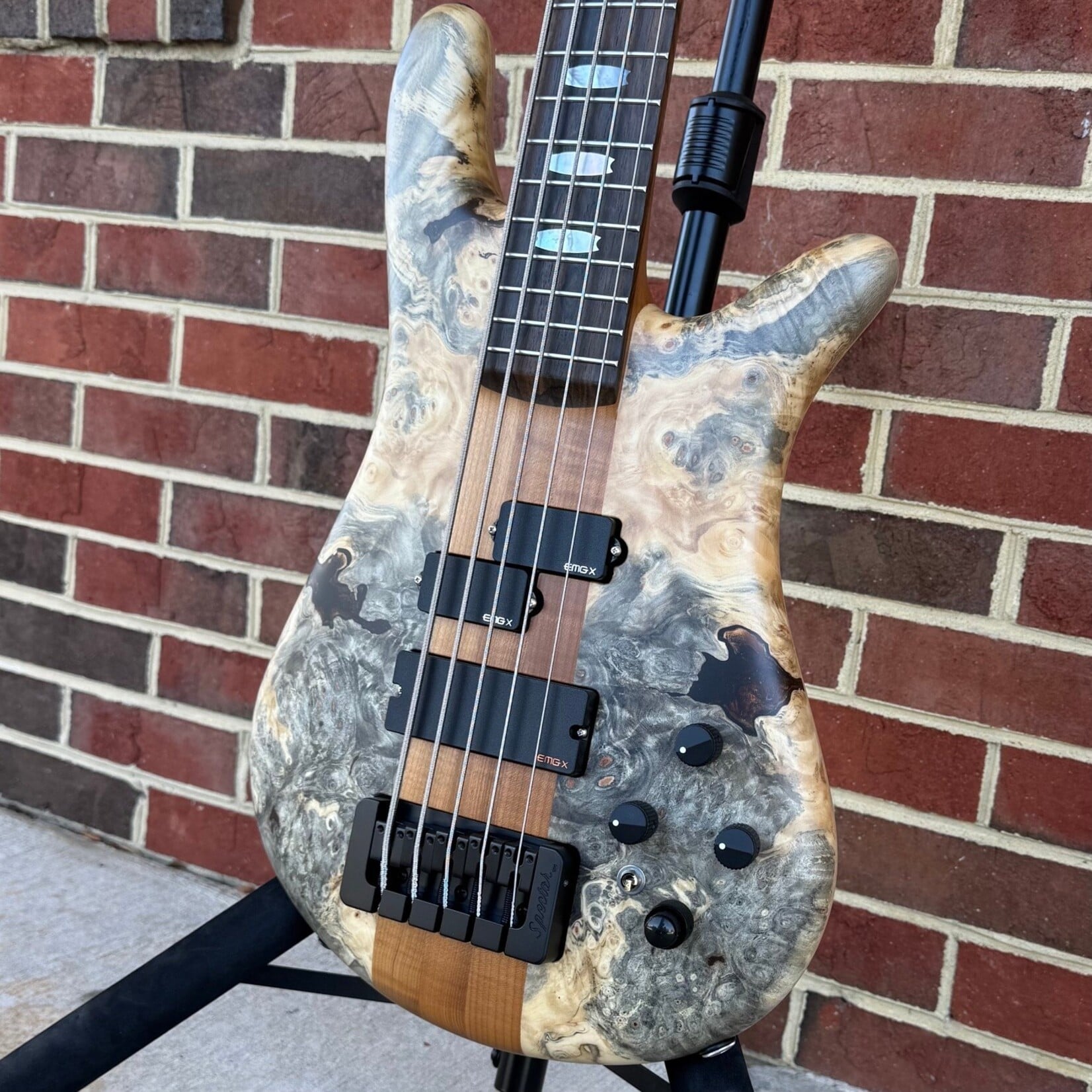 Spector Spector USA NS-5XL, Buckeye Burl Top, Swamp Ash Body, 3pc Roasted Maple Neck, Ziricote Fretboard, Mother of Pearl Crown Inlays, EMG P5X/40TWX Pickups, HAZ 9-Volt, Custom Electronics Layout, TSA Case