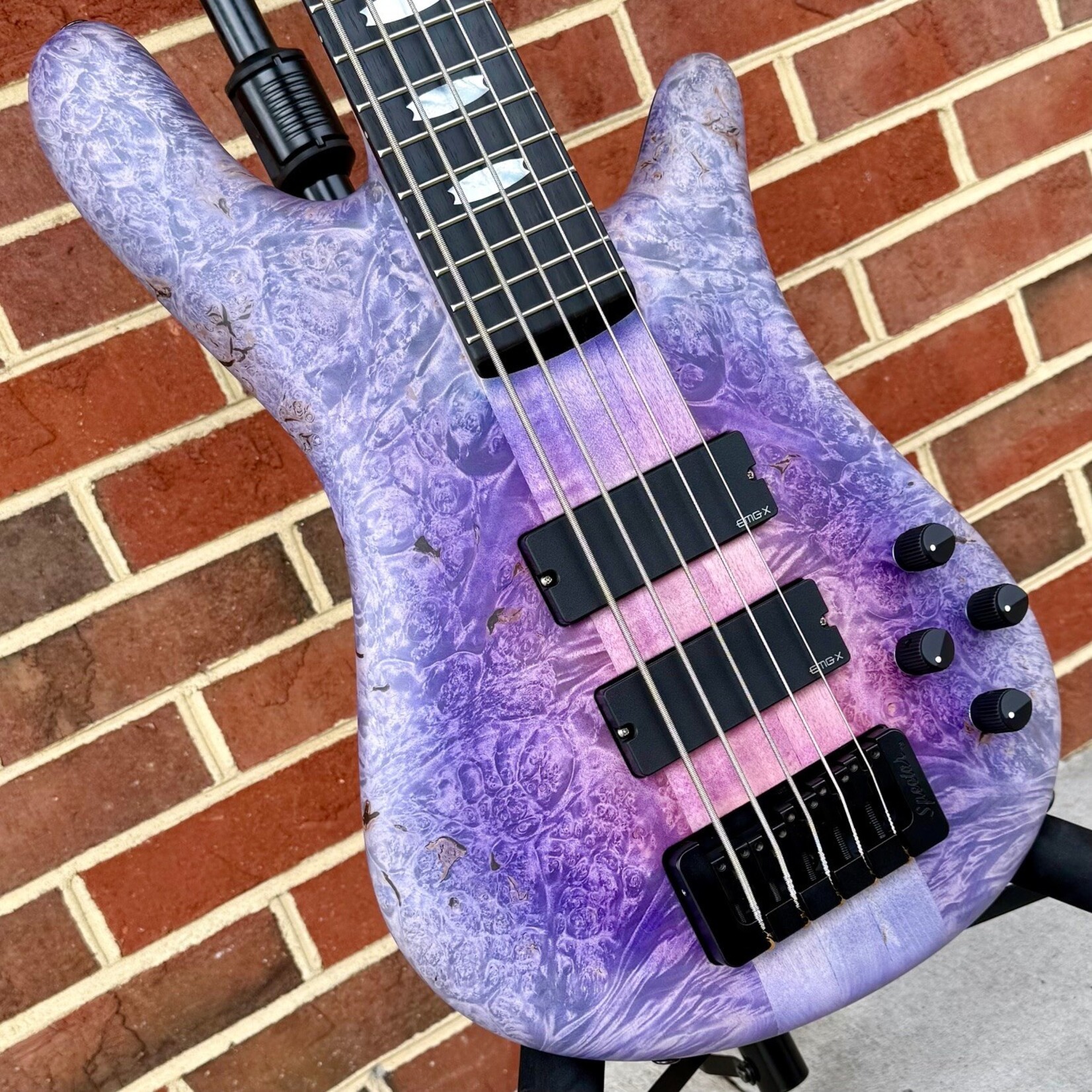 Spector Spector USA NS-5XL, Jazzberry, Maple Burl Top, Reclaimed Redwood Body, Ebony Fretboard, Mother of Pearl Inlays, EMG 40DCX Pickups, Spector HAZ 9-volt, TSA Case