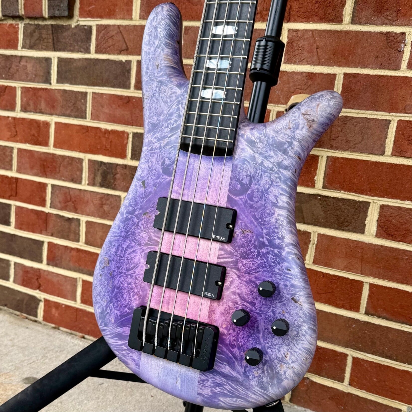 Spector Spector USA NS-5XL, Jazzberry, Maple Burl Top, Reclaimed Redwood Body, Ebony Fretboard, Mother of Pearl Inlays, EMG 40DCX Pickups, Spector HAZ 9-volt, TSA Case