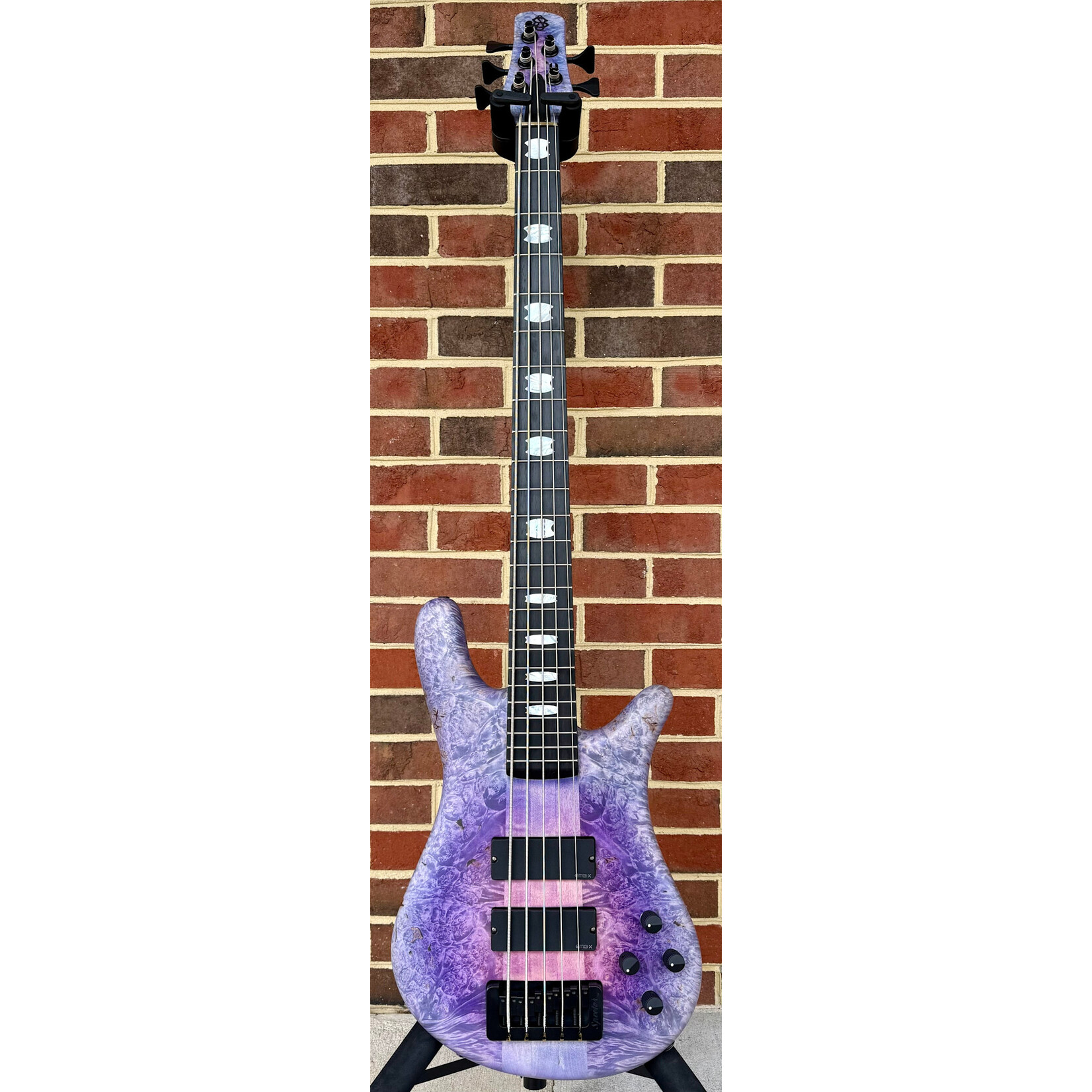 Spector Spector USA NS-5XL, Jazzberry, Maple Burl Top, Reclaimed Redwood Body, Ebony Fretboard, Mother of Pearl Inlays, EMG 40DCX Pickups, Spector HAZ 9-volt, TSA Case