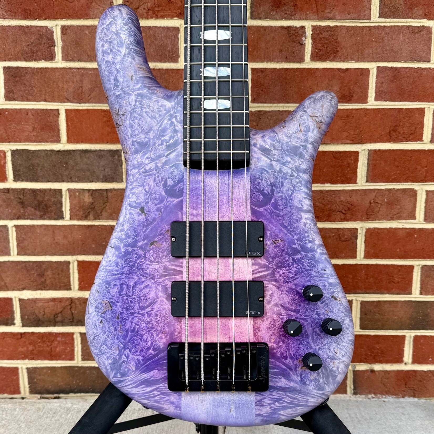 Spector Spector USA NS-5XL, Jazzberry, Maple Burl Top, Reclaimed Redwood Body, Ebony Fretboard, Mother of Pearl Inlays, EMG 40DCX Pickups, Spector HAZ 9-volt, TSA Case