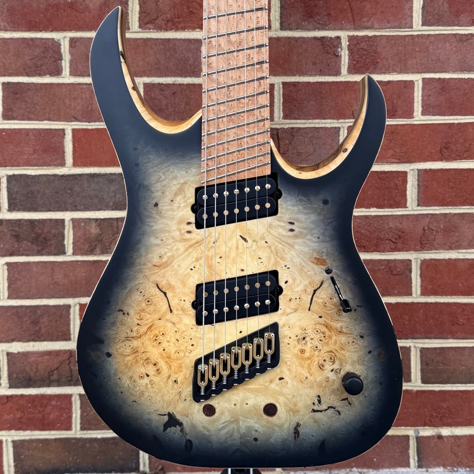 Mayones Mayones Duvell Elite VF 7, Buckeye Burl Top with Black Burst, Black Limba Body, 5pc Wenge/Purpleheart Neck, Roasted Birdseye Maple Fretboard, Velvetrone Ironside + Solium Pickups, Hipshot Bridge & Tuners, Mayones Hybrid Case
