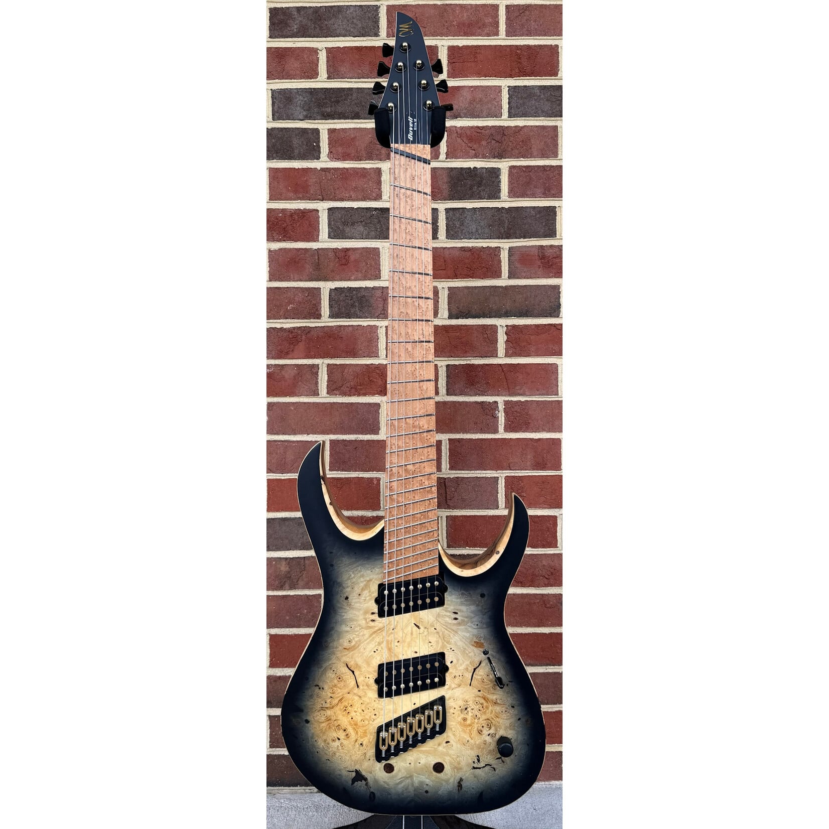 Mayones Mayones Duvell Elite VF 7, Buckeye Burl Top with Black Burst, Black Limba Body, 5pc Wenge/Purpleheart Neck, Roasted Birdseye Maple Fretboard, Velvetrone Ironside + Solium Pickups, Hipshot Bridge & Tuners, Mayones Hybrid Case