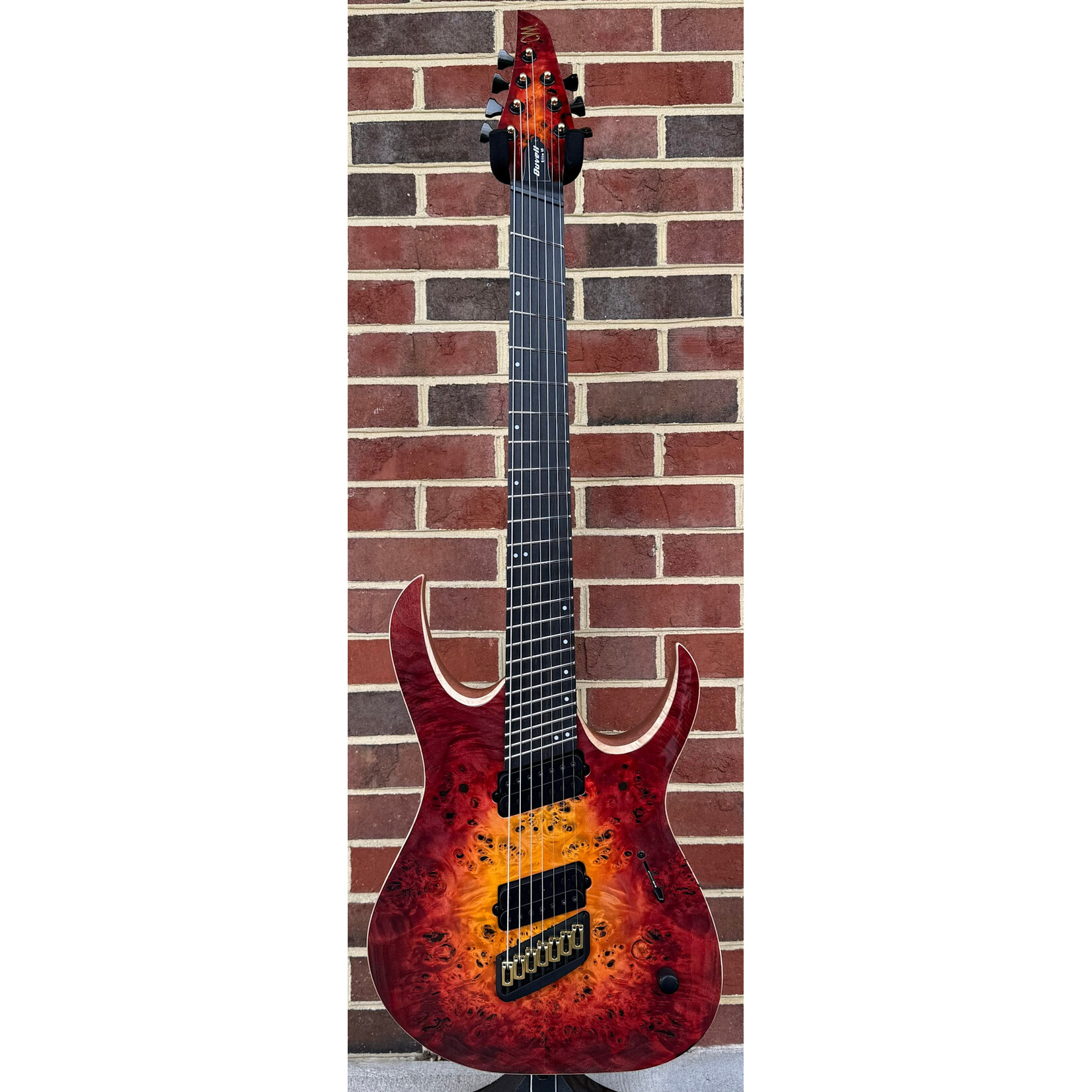 Mayones Mayones Duvell Elite VF 7, Lava Burst Gloss Top, 4A Eye Poplar Top, Mahogany Body, 5pc Wenge/Purpleheart Neck, Ebony Fretboard, Mayones Nola Bridge, Velvetrone Ironside + Solium Pickups, Mayones Hybrid Case