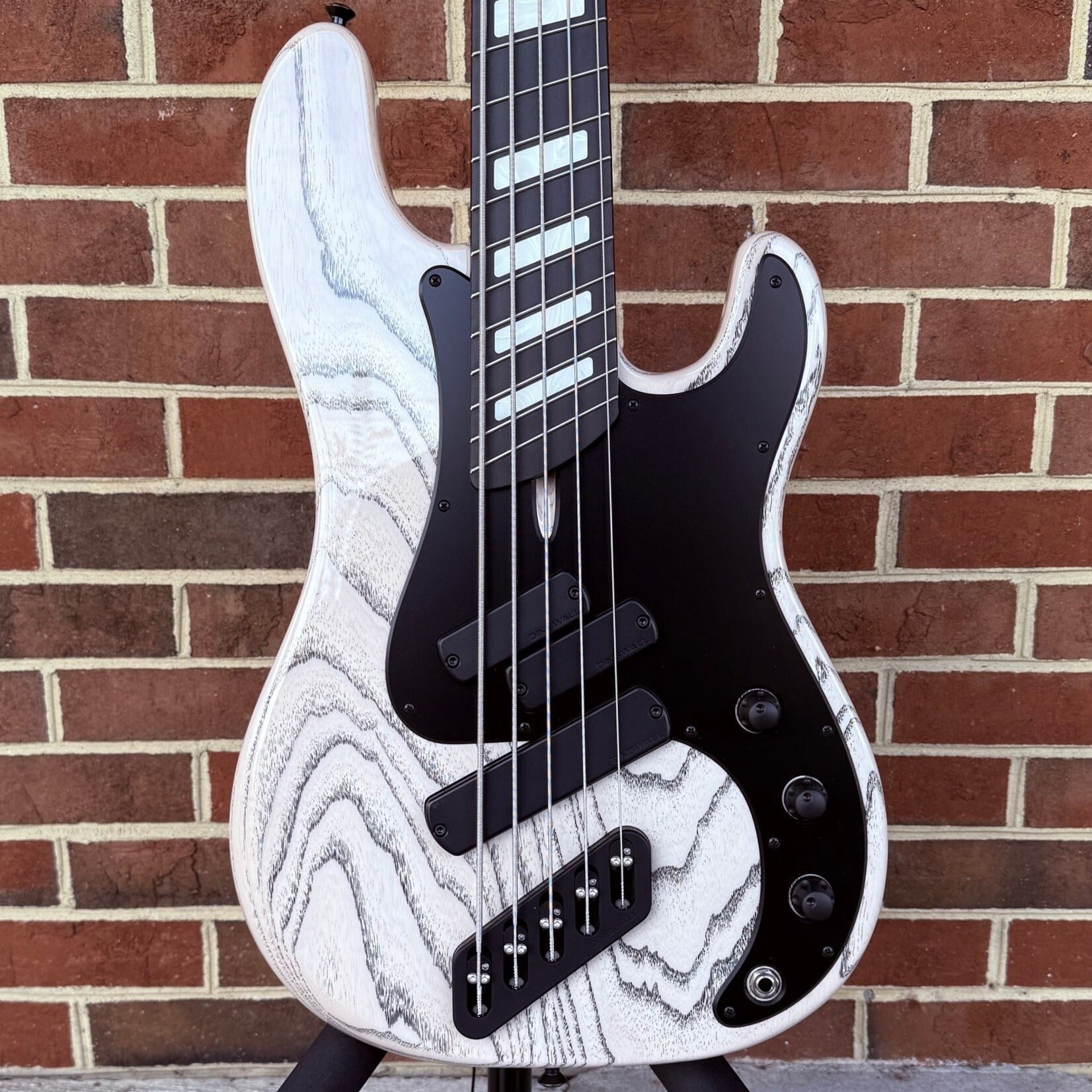 Dingwall Dingwall Super PJ Custom 5-String, White Ceruse w/ Black Grain Fill, Swamp Ash Body, Wenge Neck, Obsidian Maple Fretboard, White Pearloid Block Inlays, Blue Luminlay Side Dots, Dingwall Deluxe Gig Bag