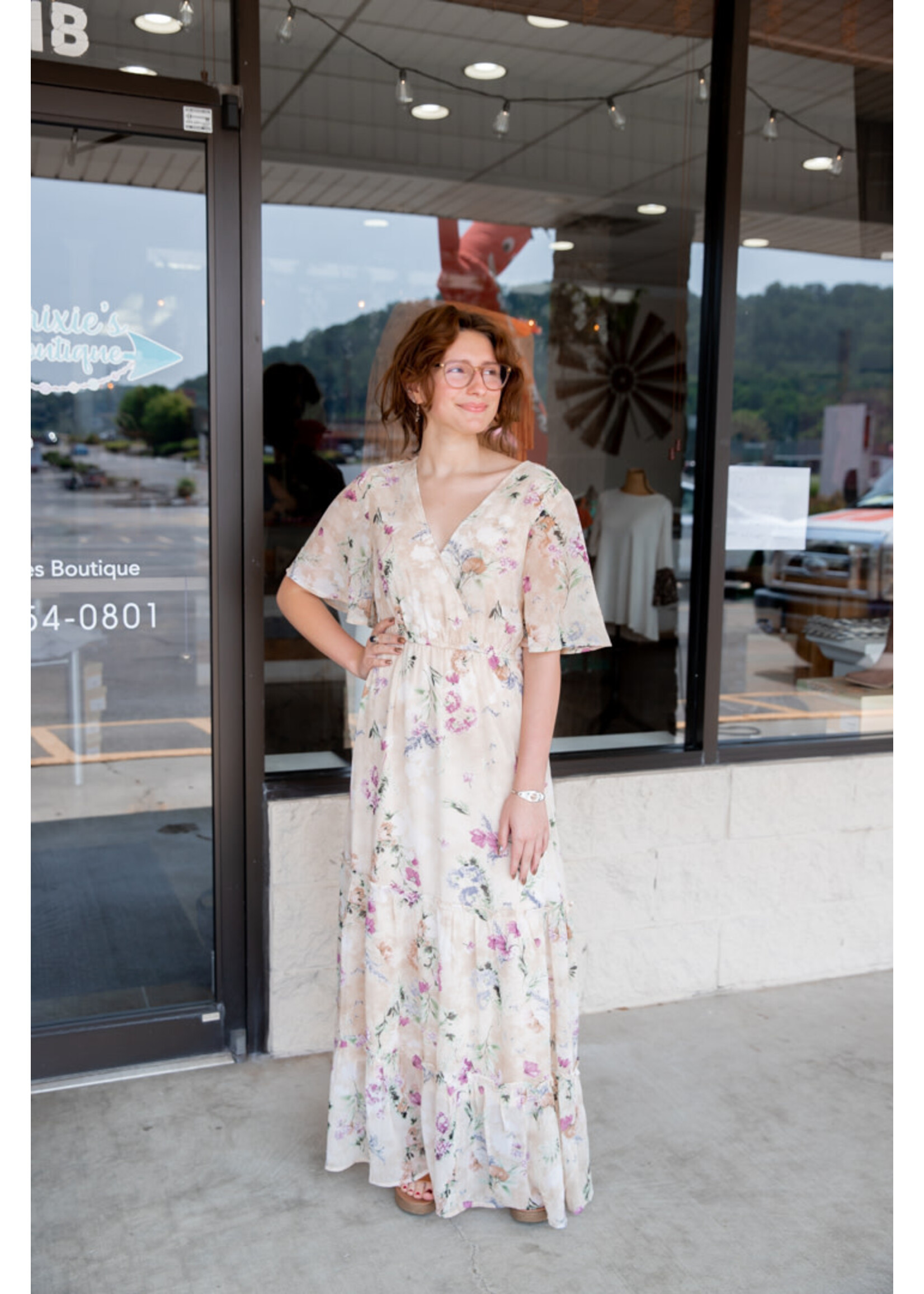 Taupe Floral Chiffon Dolman Sleeve Maxi Dress