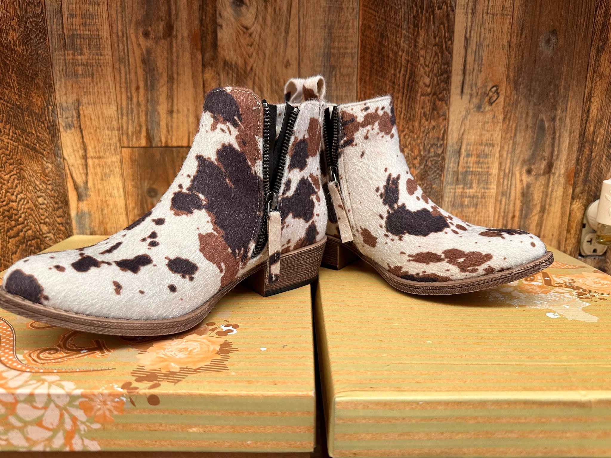 Chisel Cow Print Boots - Trixie's Boutique