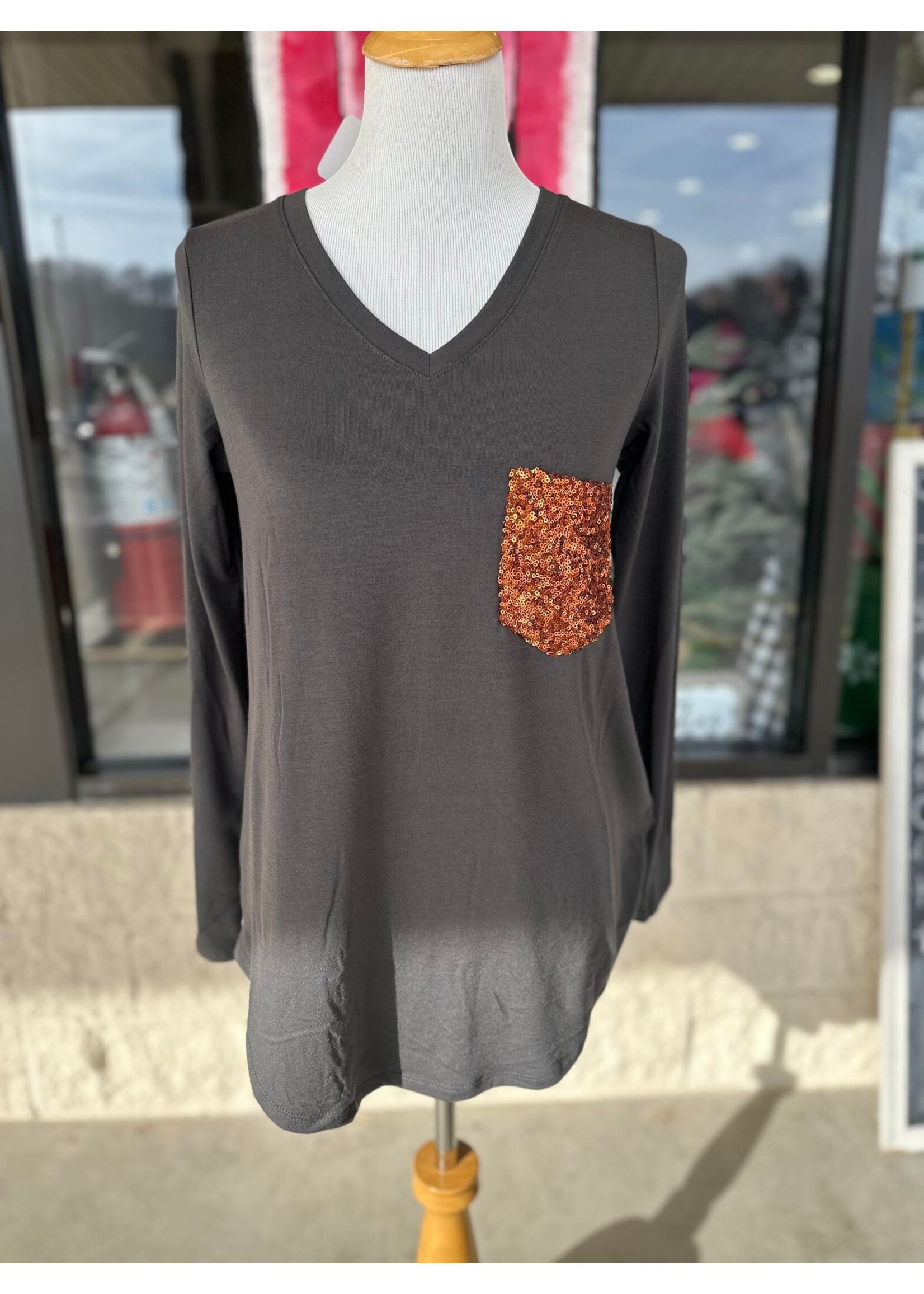 Long Sleeve V Neck Sequin Pocket