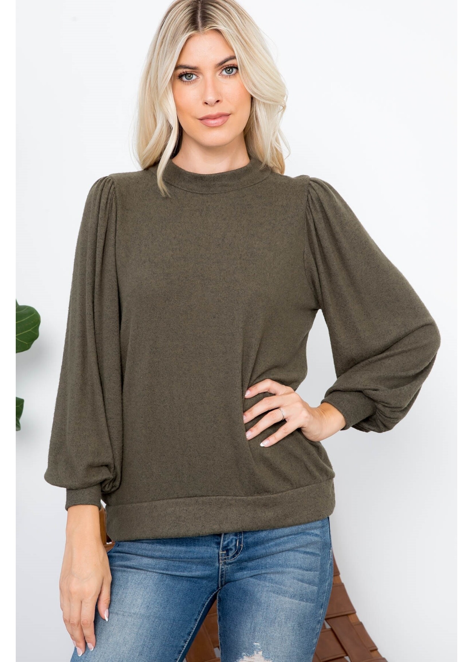Olive Crew Neck Puff Sleeve Top Trixie s Boutique