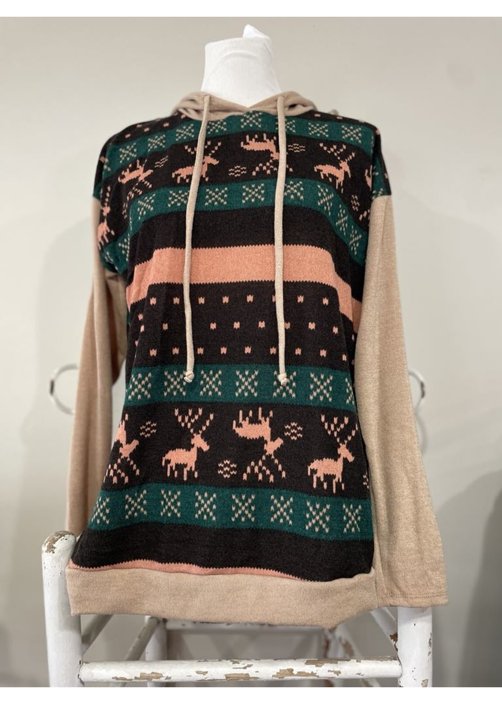 Deer Printed Green Taupe Hoodie
