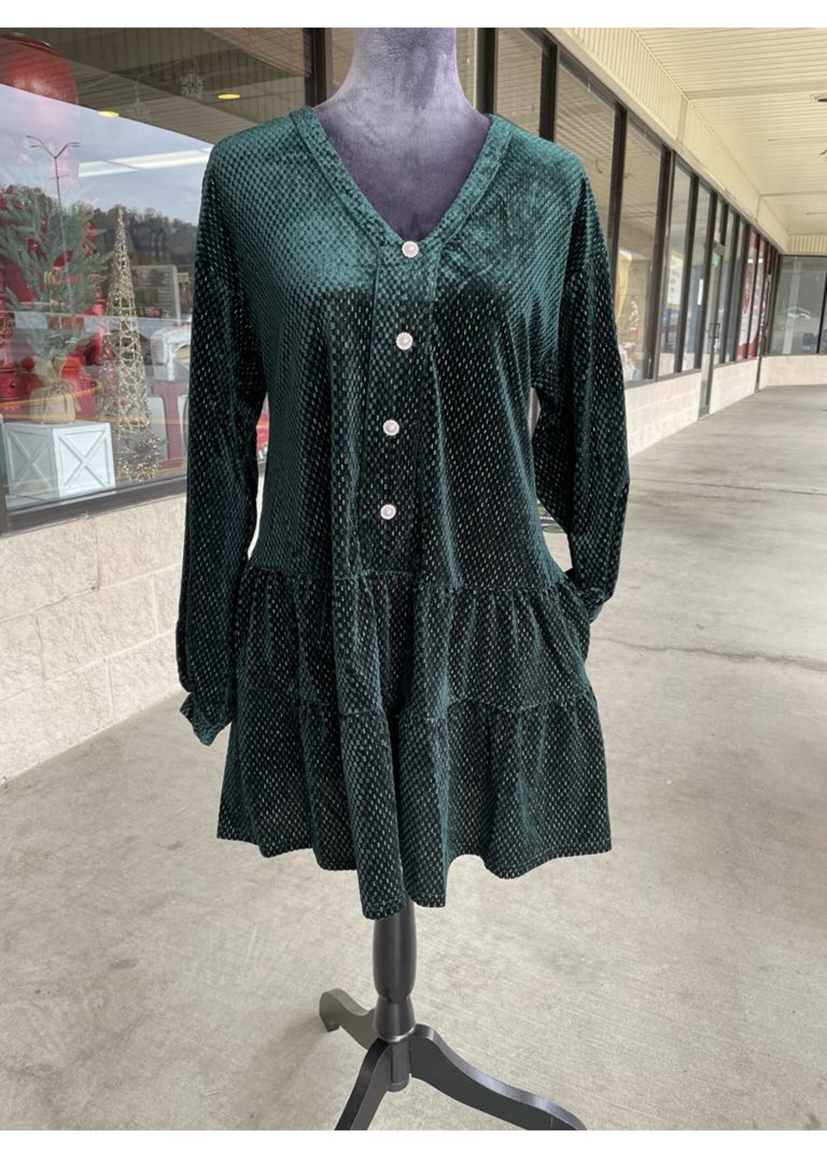Forest  Green Velvet Dress W/ Buttons