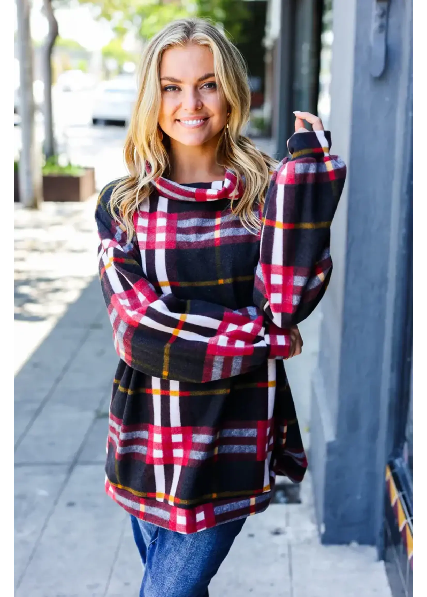 Black Plaid Cowl Neck Sweater