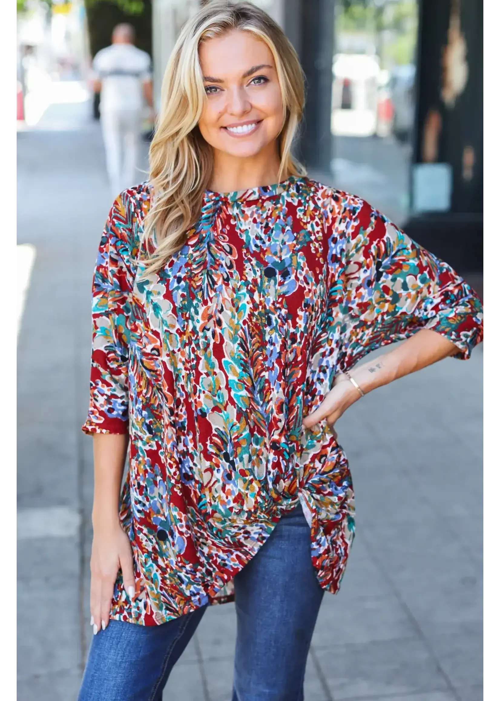 Burgundy Floral Twist Hem Top